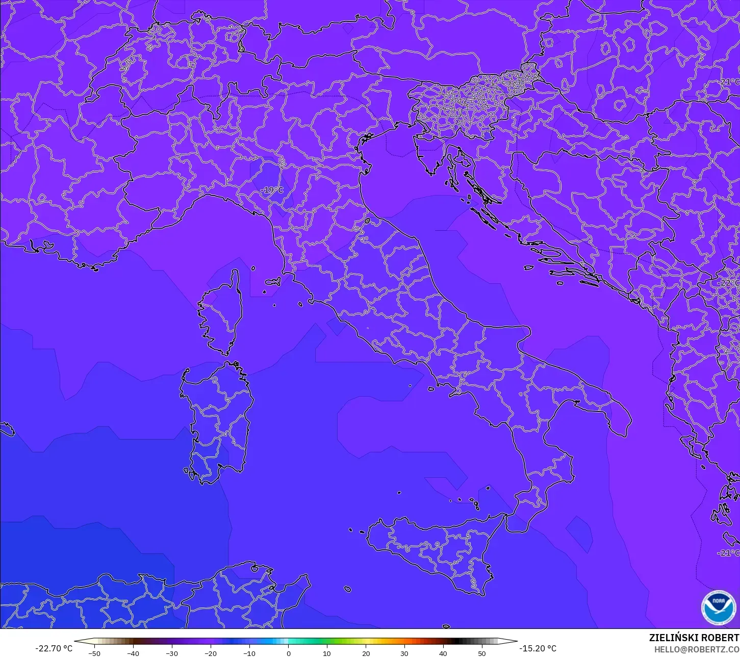 GFS modelo - Italia, Temperatura a 500 hPa