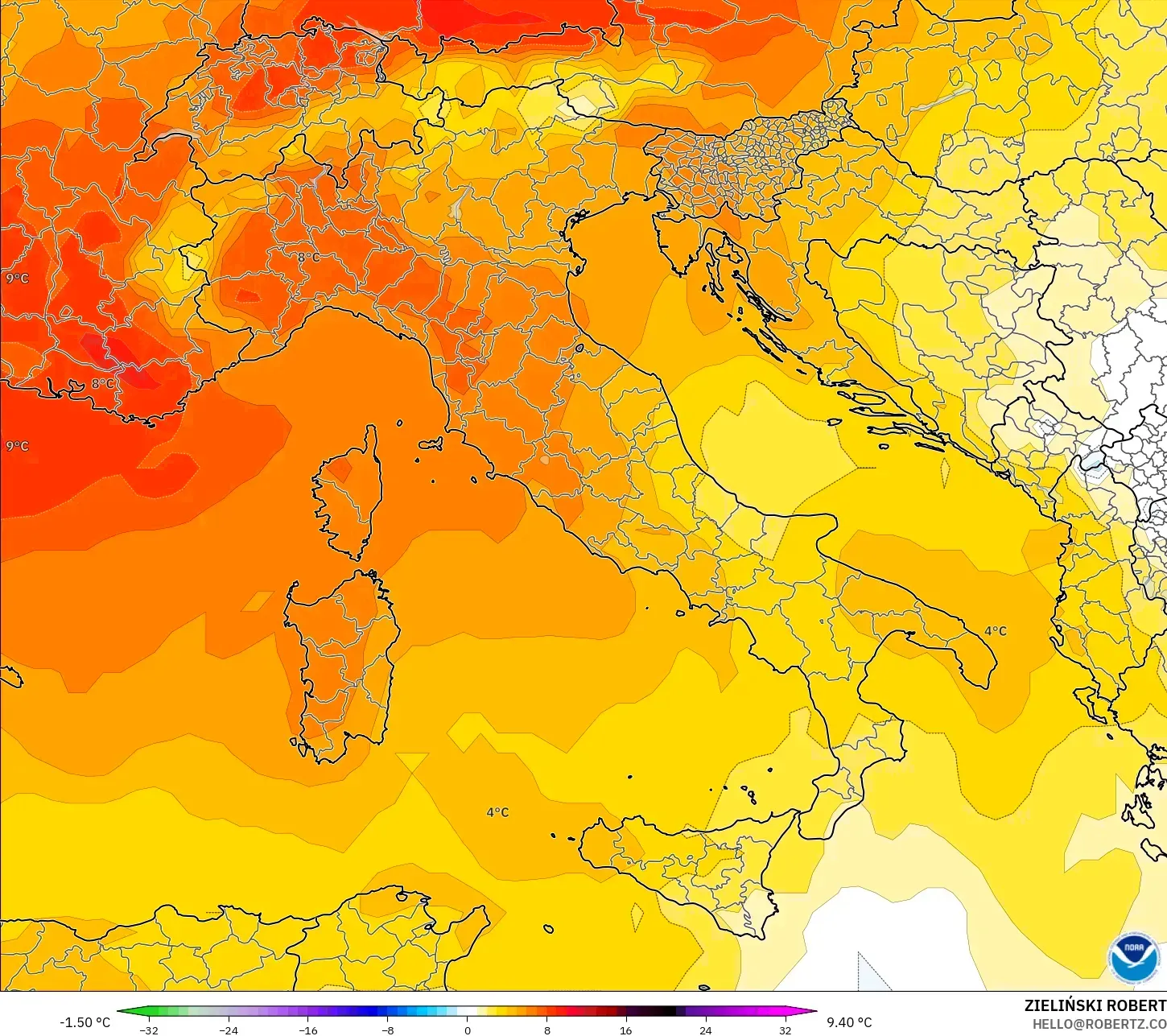 GFS modelo - Italia, Anomalía de temperatura a 850 hPa
