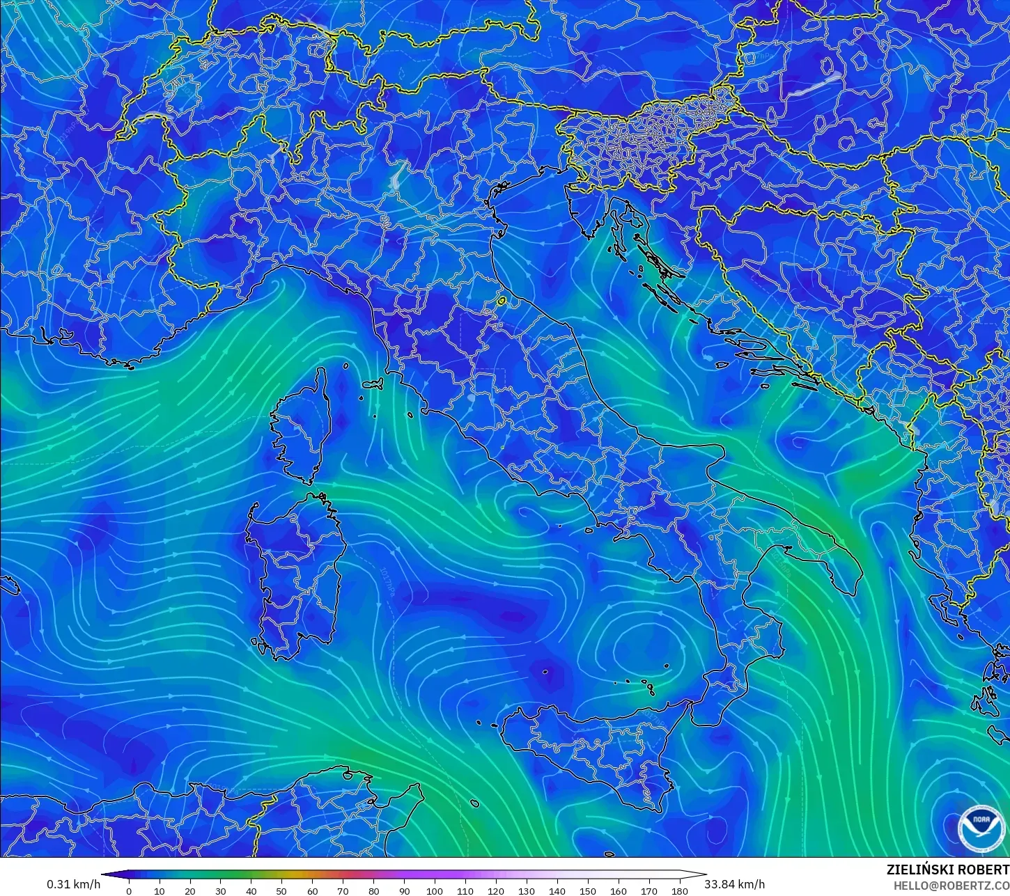 GFS modelo - Italia, Viento a 10 m