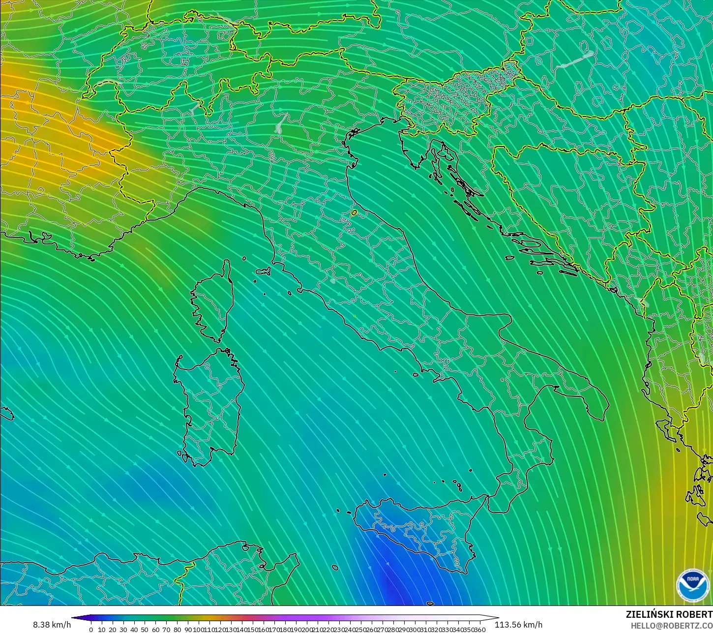 GFS modelo - Italia, Viento a 300 hPa (corriente en chorro)