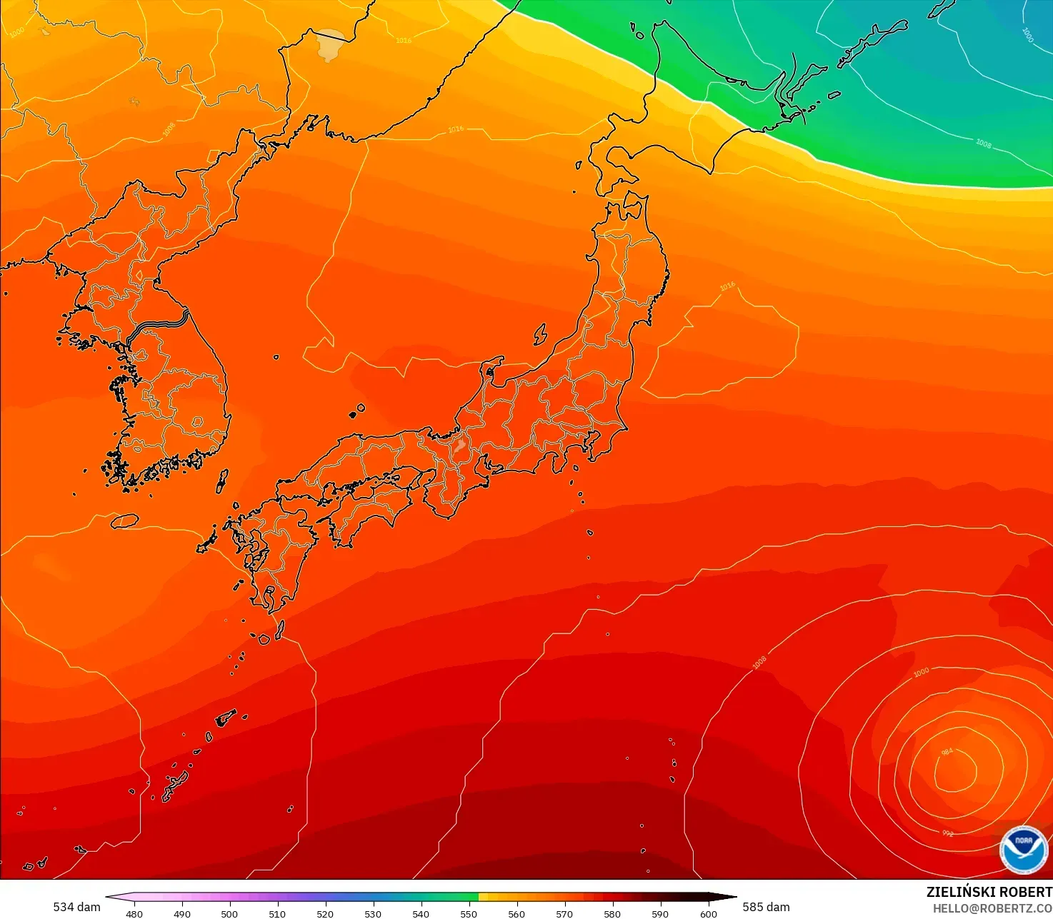 GFS modelo - Japón, Altura geopotencial a 500 hPa