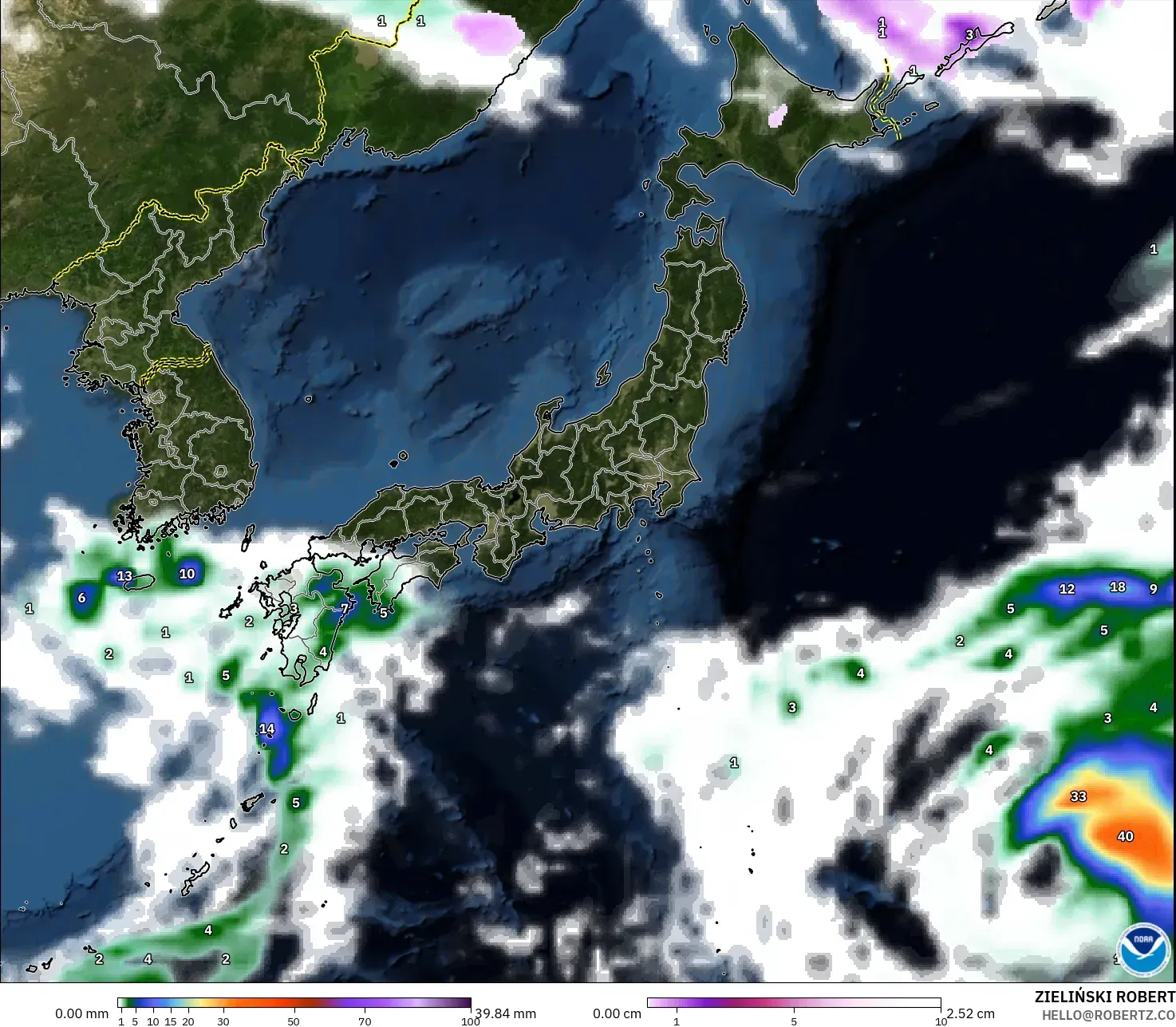 GFS modelo - Japón, Precipitación, nubes y presión