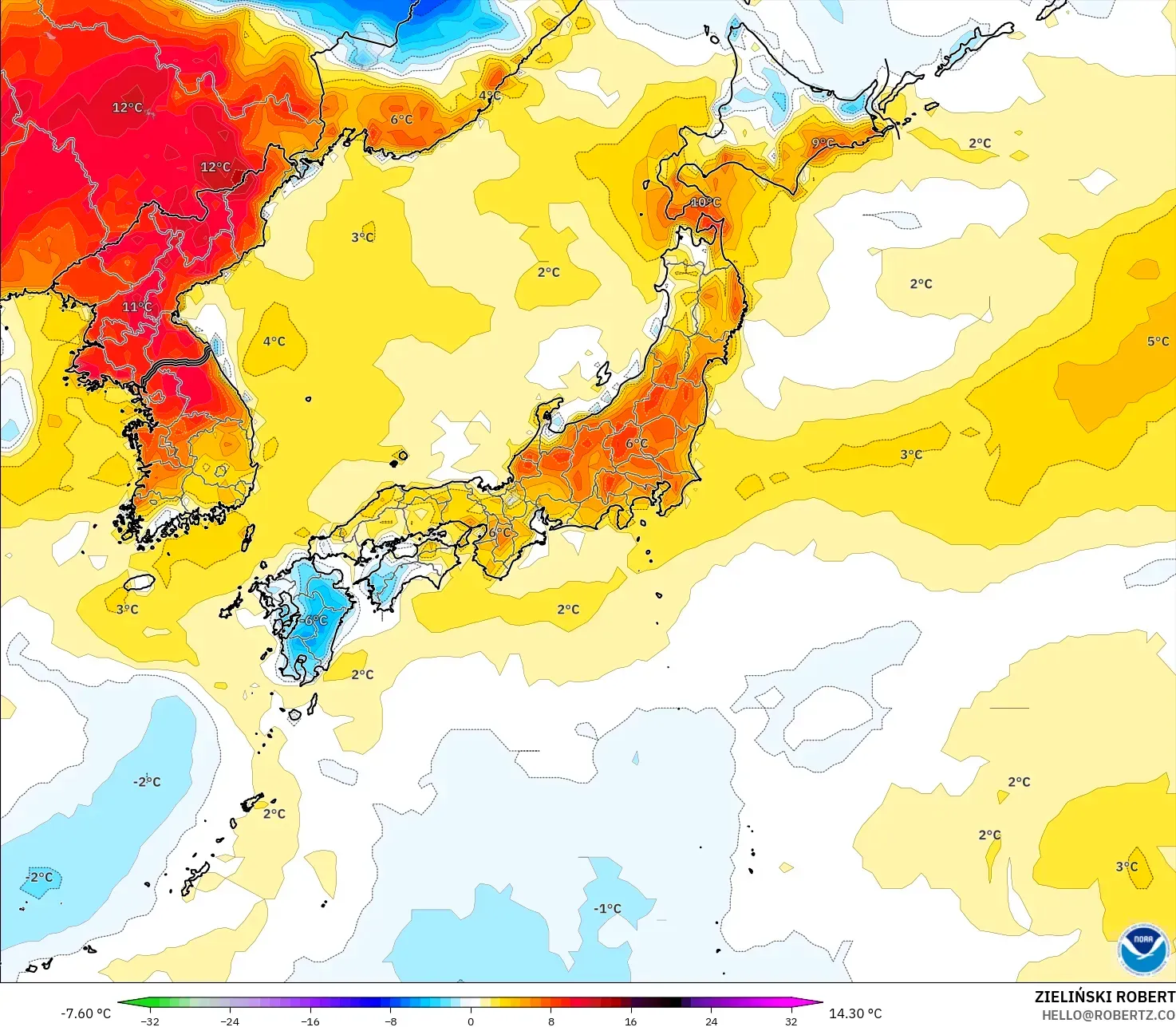 GFS modelo - Japón, Anomalía de temperatura a 2 m
