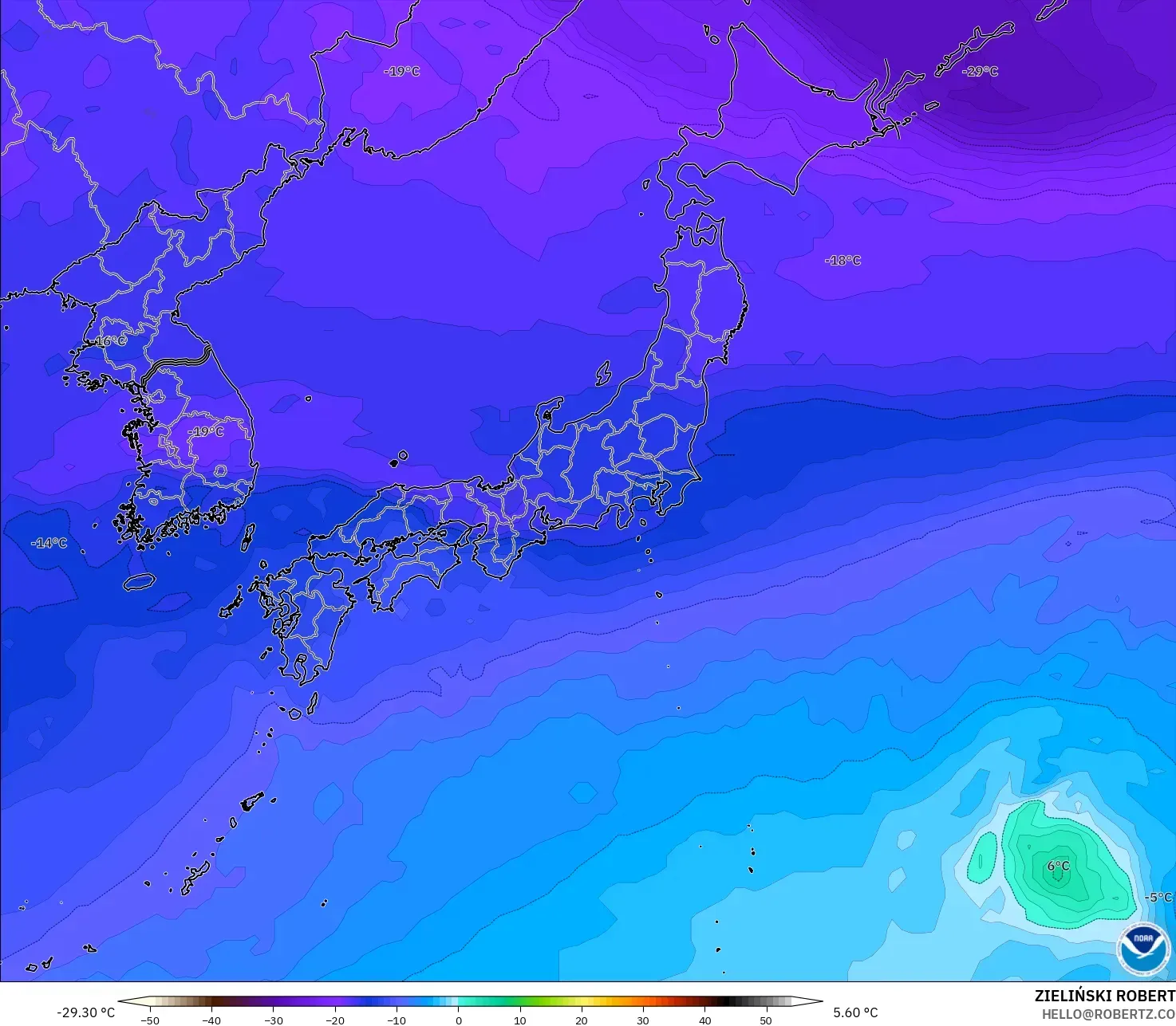 GFS modelo - Japón, Temperatura a 500 hPa