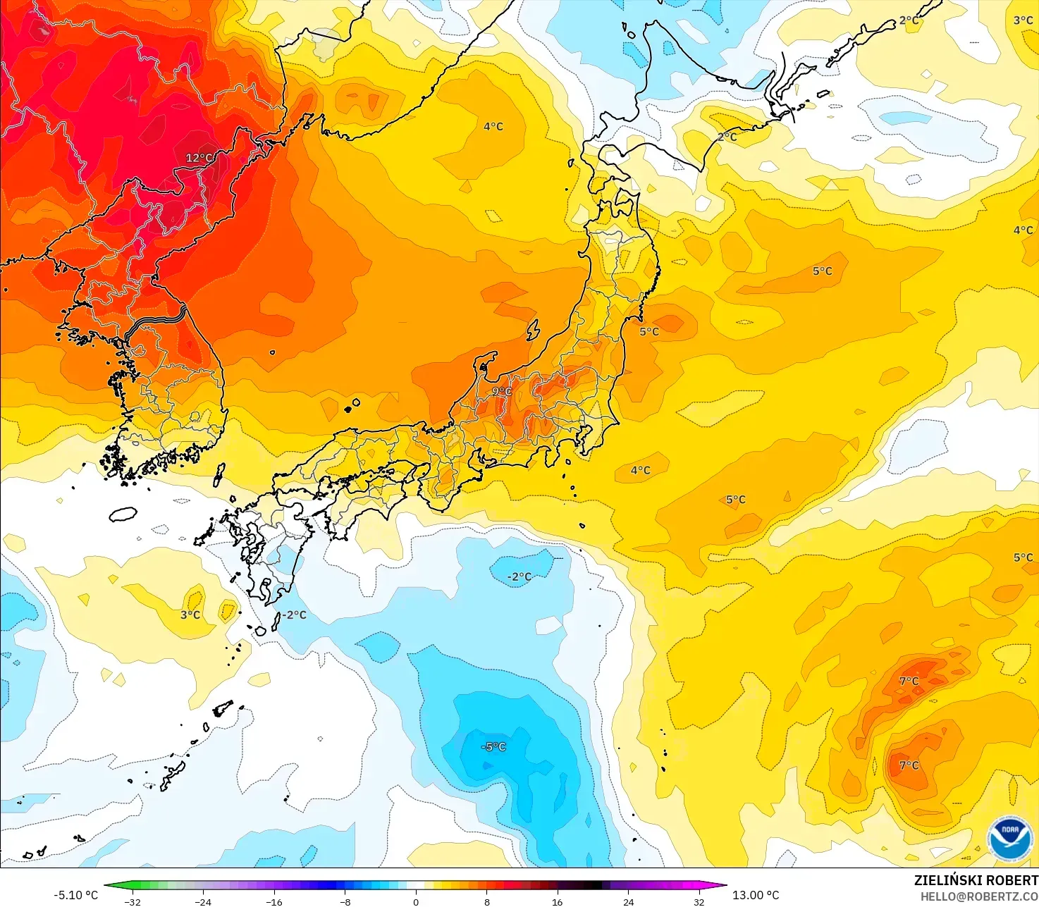 GFS modelo - Japón, Anomalía de temperatura a 850 hPa
