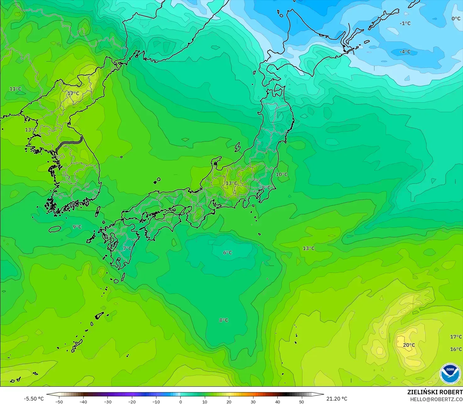 GFS modelo - Japón, Temperatura a 850 hPa