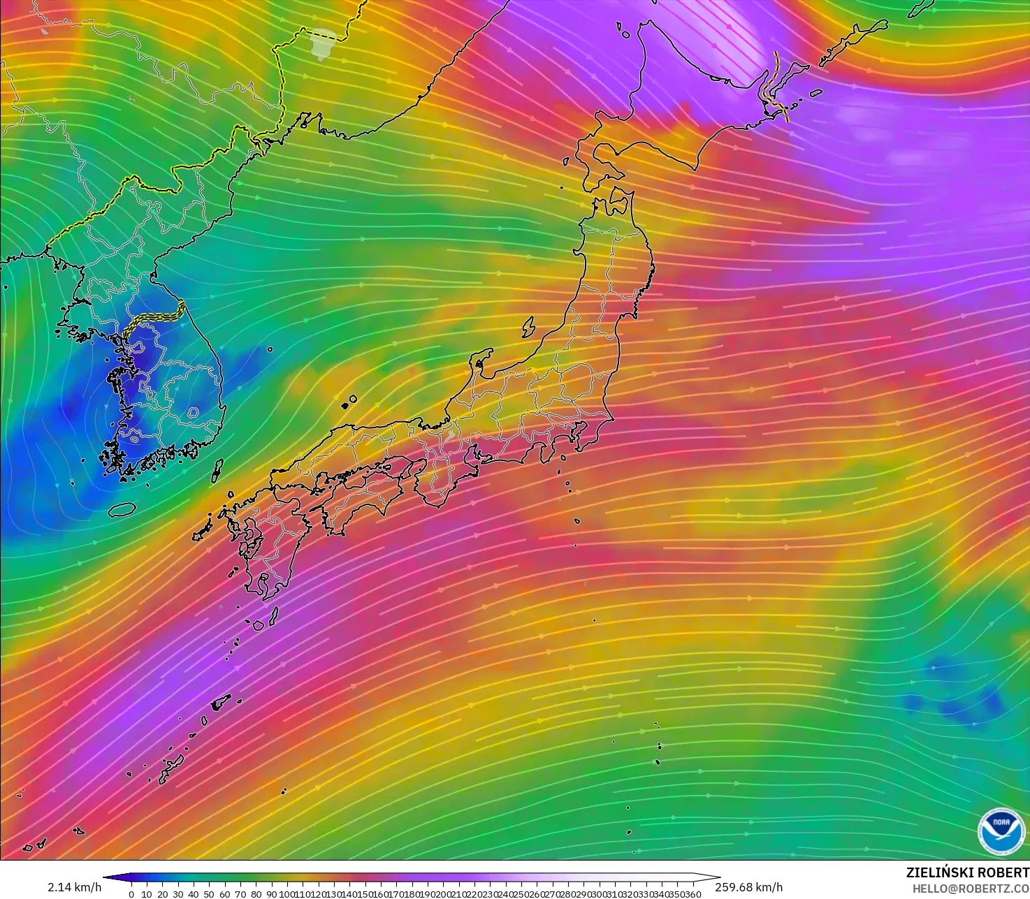 GFS modelo - Japón, Viento a 300 hPa (corriente en chorro)