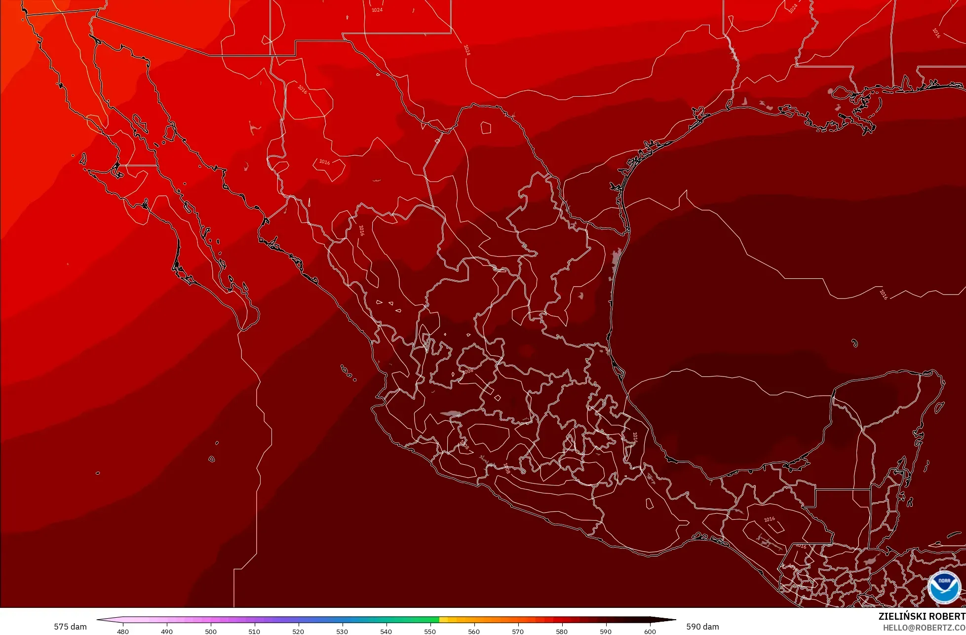 GFS modelo - México, Altura geopotencial a 500 hPa