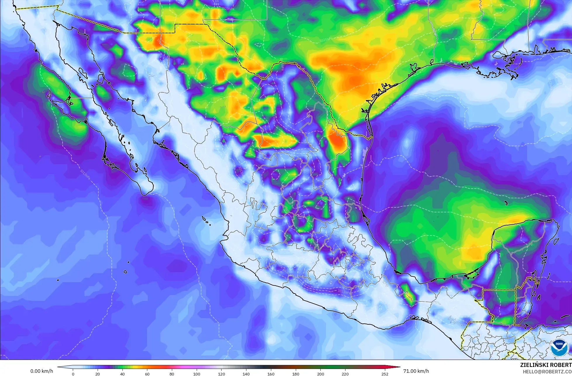 GFS modelo - México, Ráfagas de viento