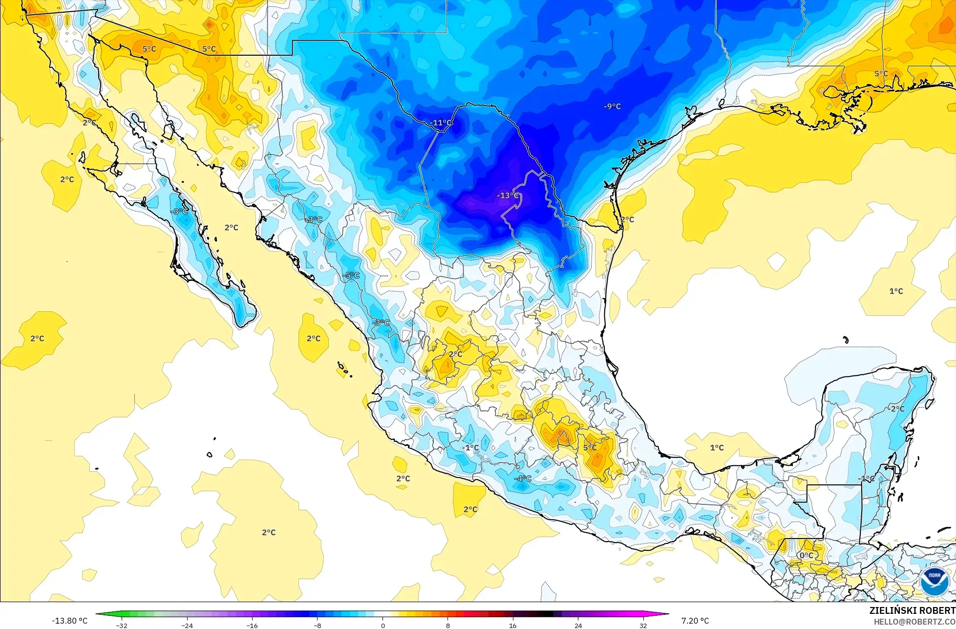 GFS modelo - México, Anomalía de temperatura a 2 m