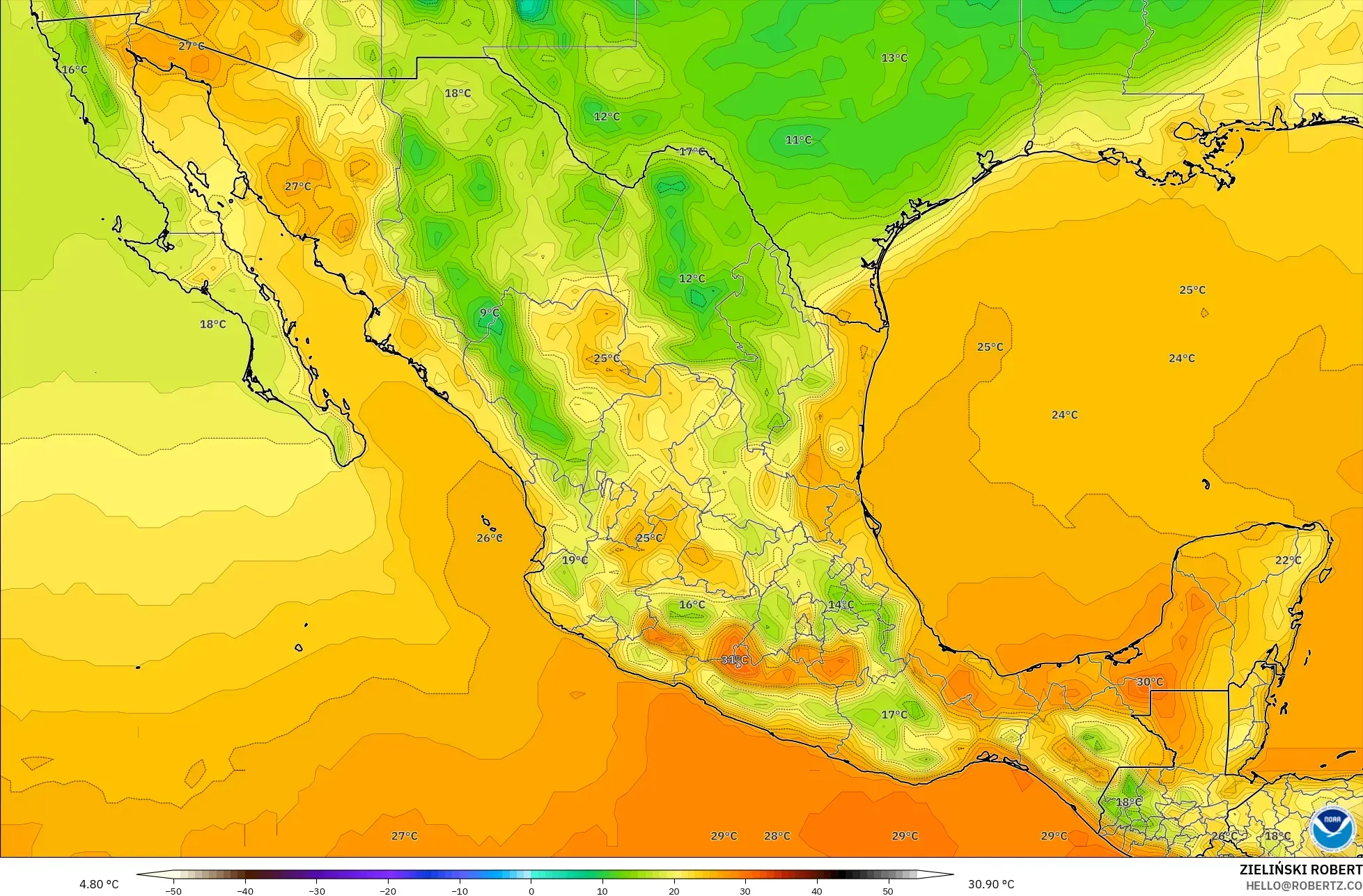 GFS modelo - México, Temperatura a 2 m