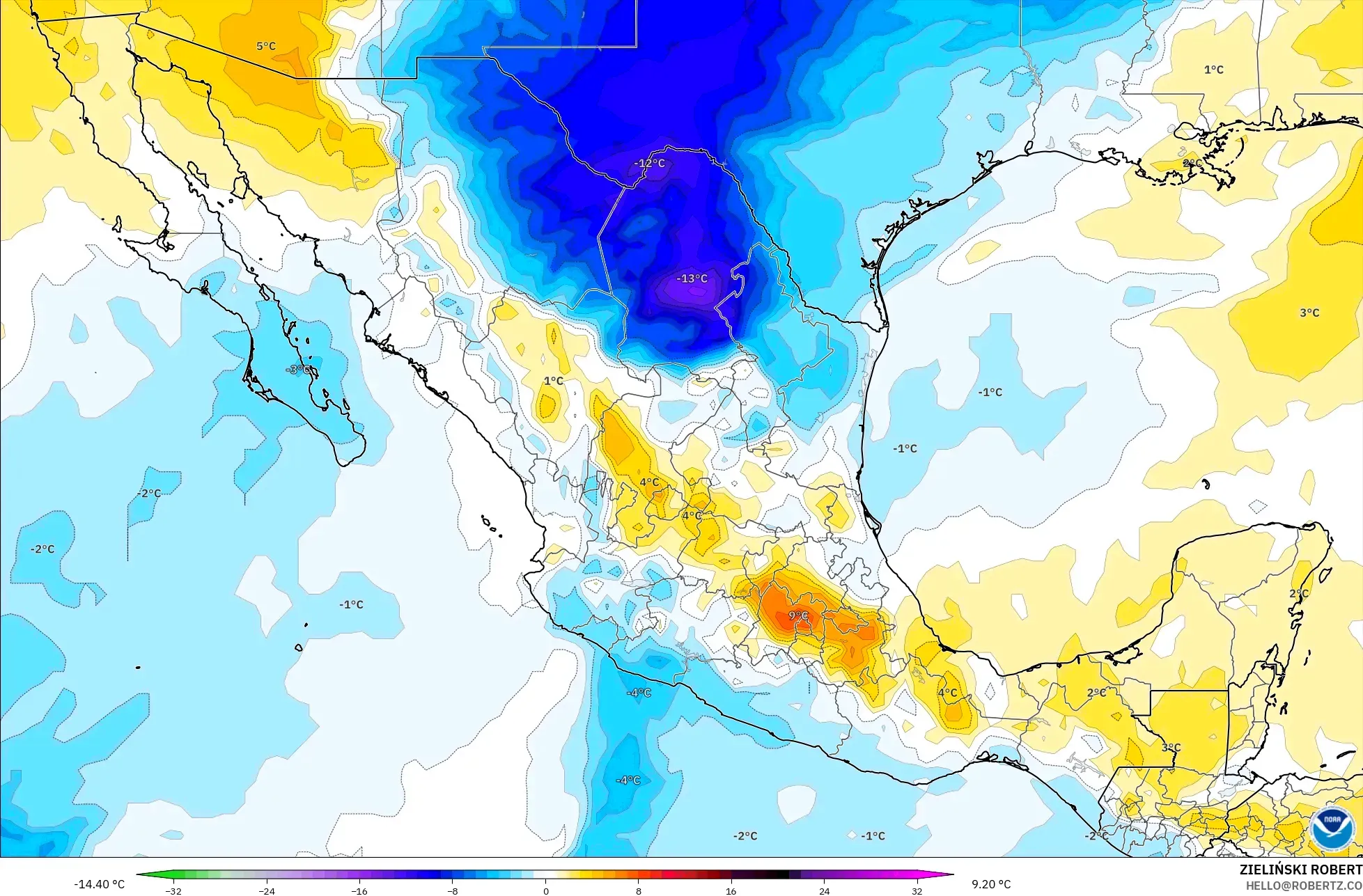 GFS modelo - México, Anomalía de temperatura a 850 hPa