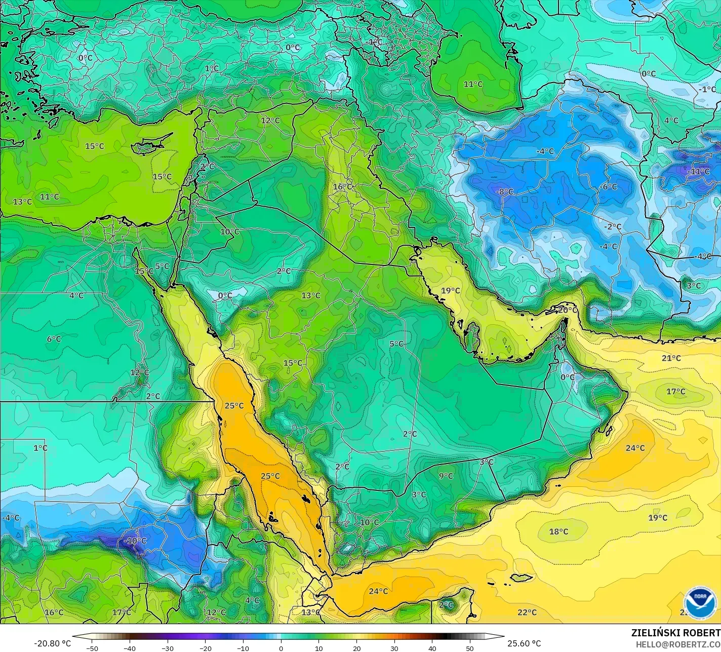 GFS modelo - Oriente Medio, Punto de rocío a 2 m