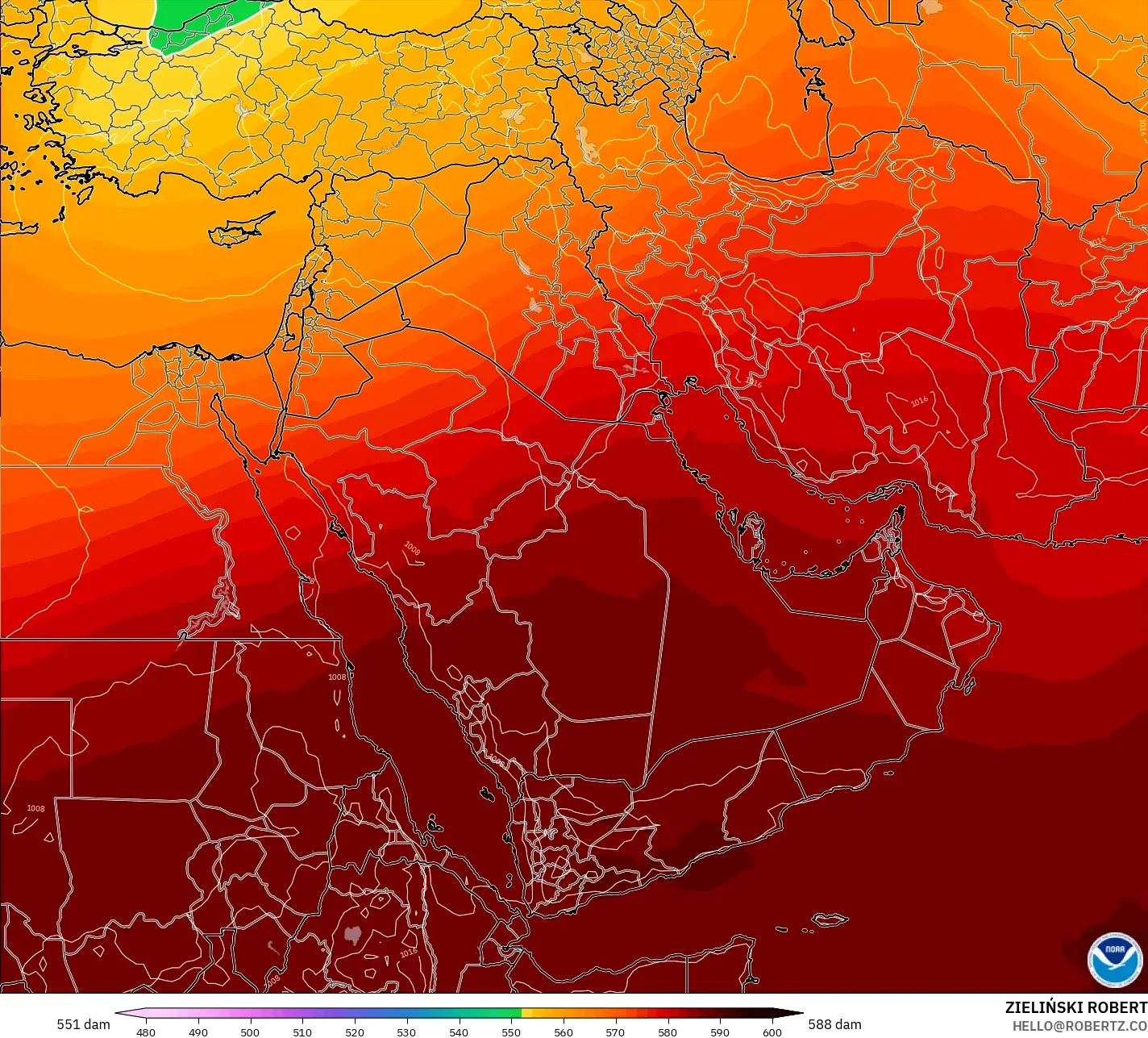GFS modelo - Oriente Medio, Altura geopotencial a 500 hPa