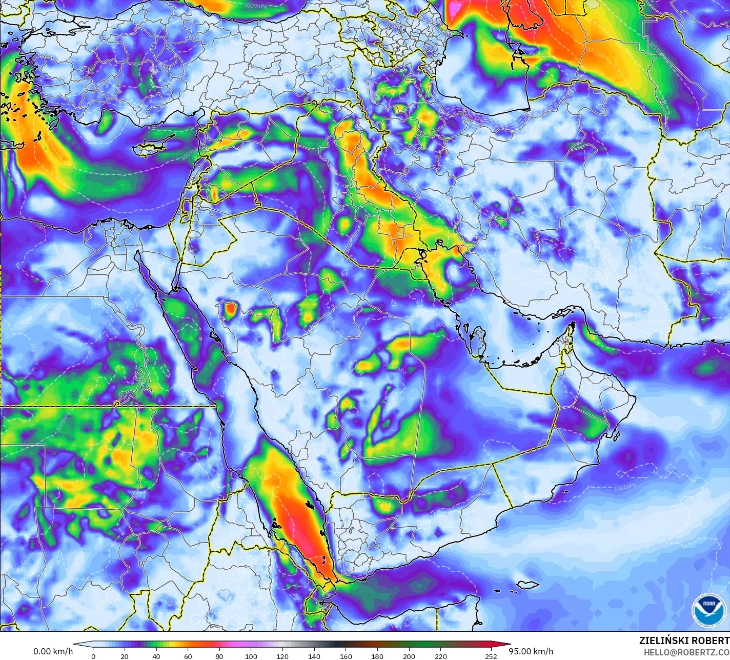 GFS modelo - Oriente Medio, Ráfagas de Viento Máximas