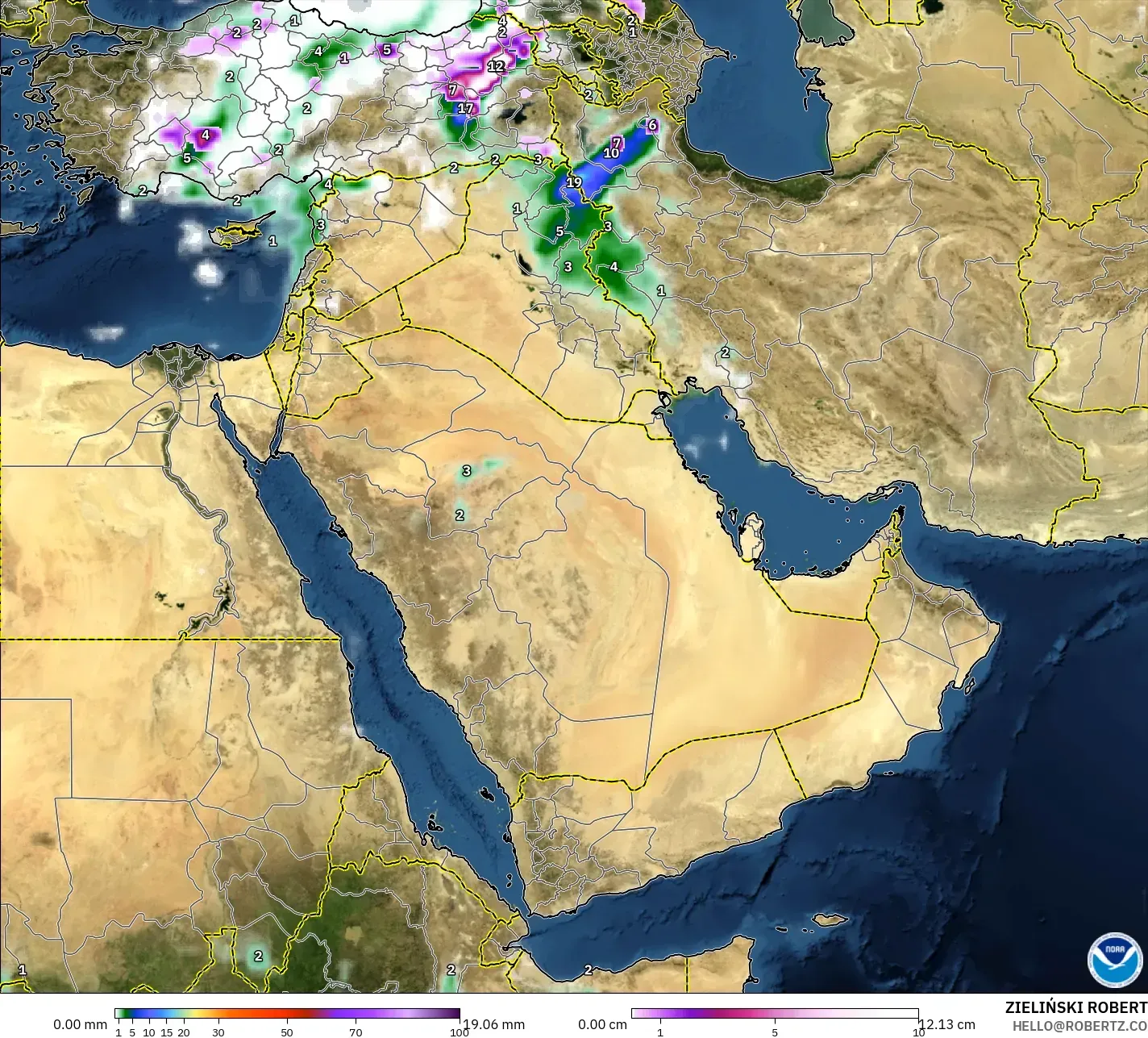 GFS modelo - Oriente Medio, Precipitación, nubes y presión