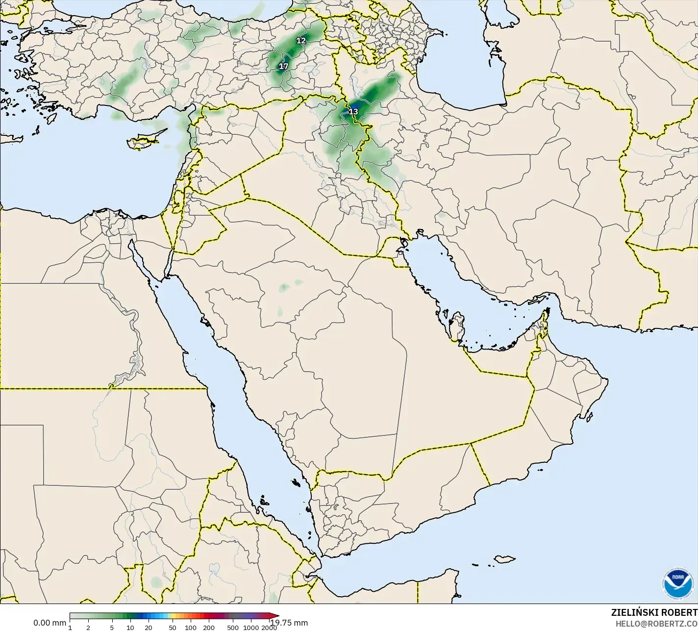GFS modelo - Oriente Medio, Acumulación de precipitación