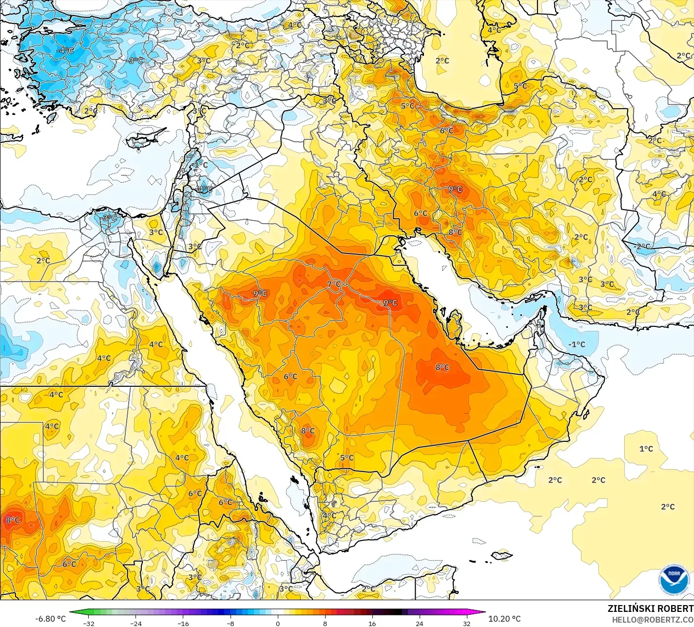 GFS modelo - Oriente Medio, Anomalía de temperatura a 2 m