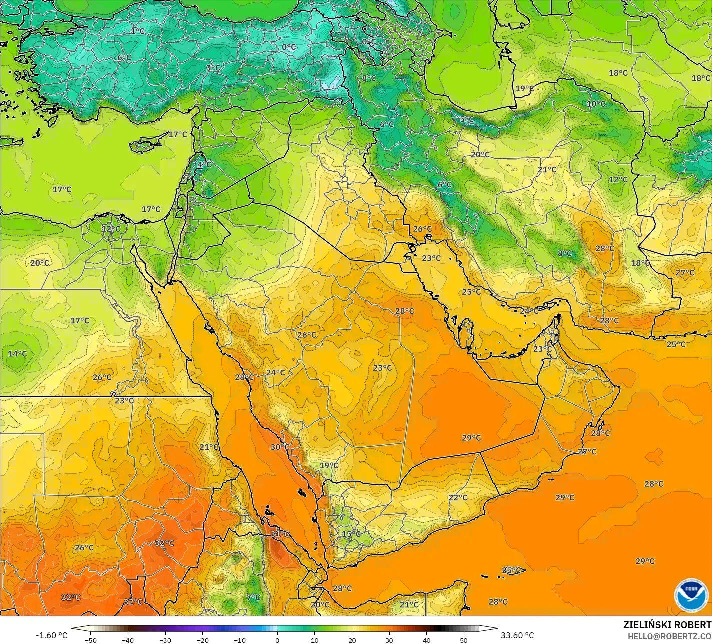 GFS modelo - Oriente Medio, Temperatura a 2 m