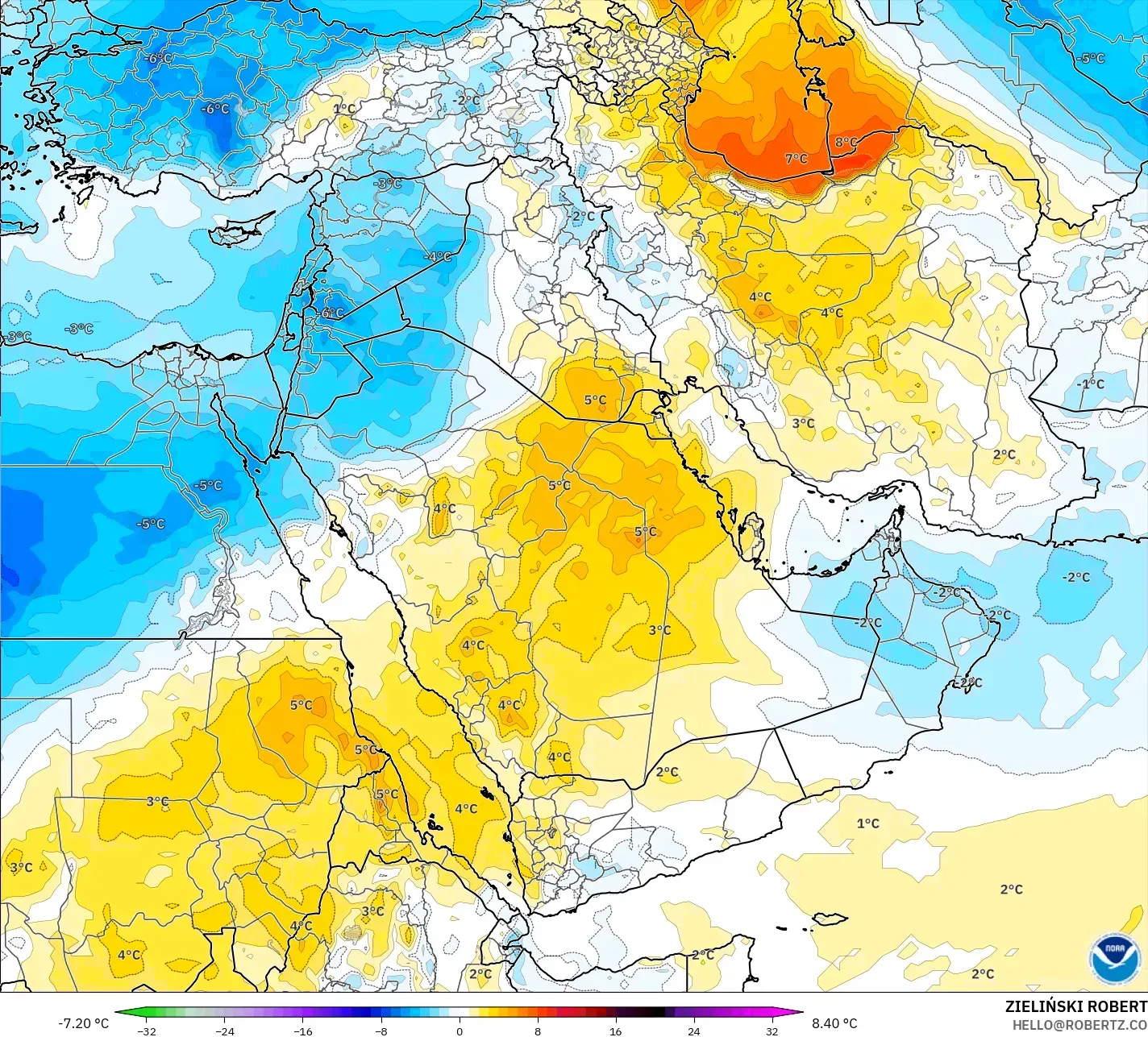 GFS modelo - Oriente Medio, Anomalía de temperatura a 850 hPa