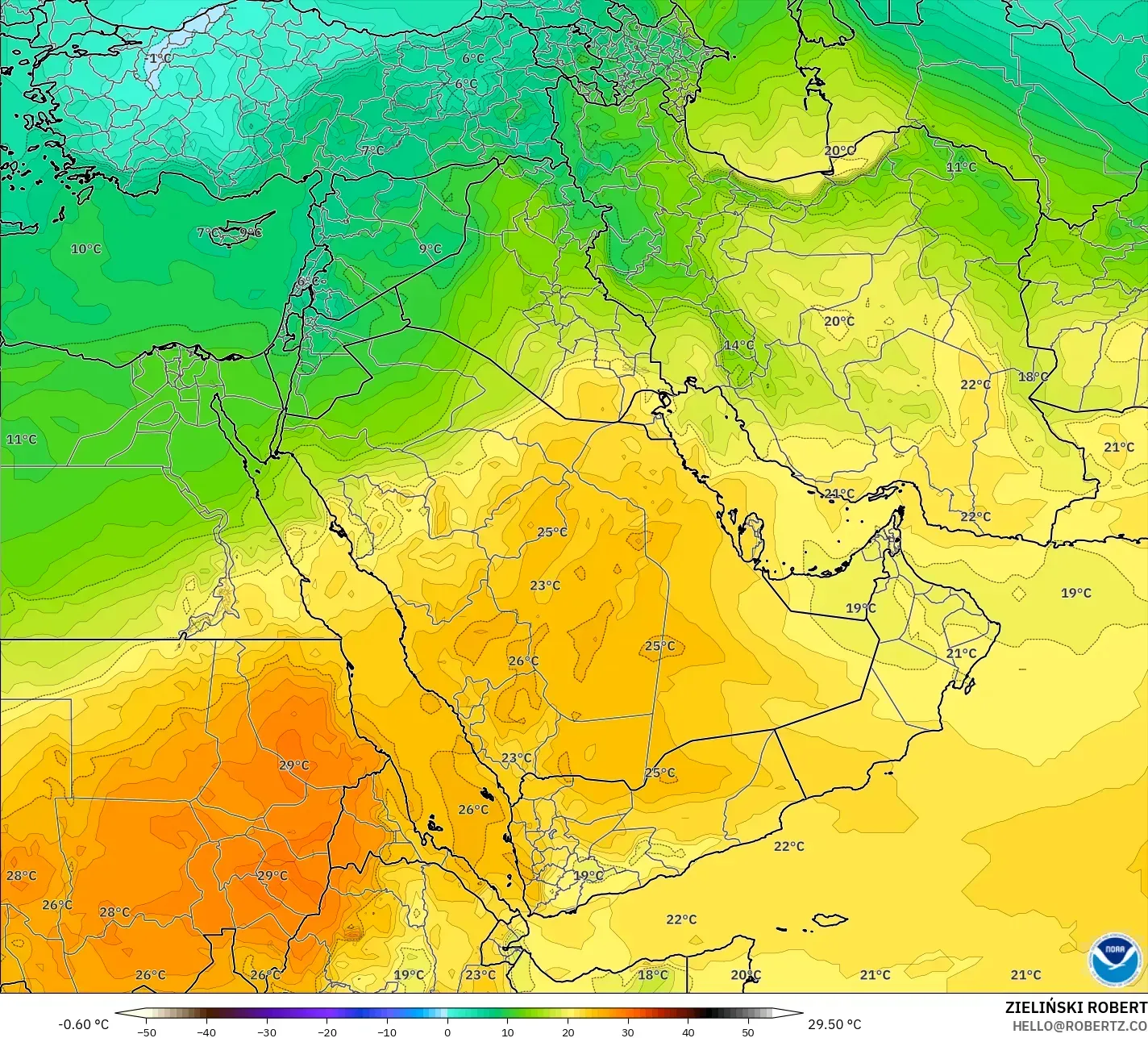 GFS modelo - Oriente Medio, Temperatura a 850 hPa