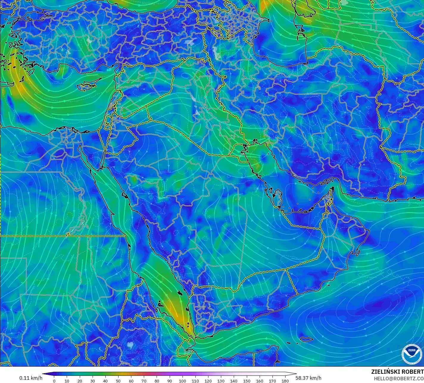 GFS modelo - Oriente Medio, Viento a 10 m