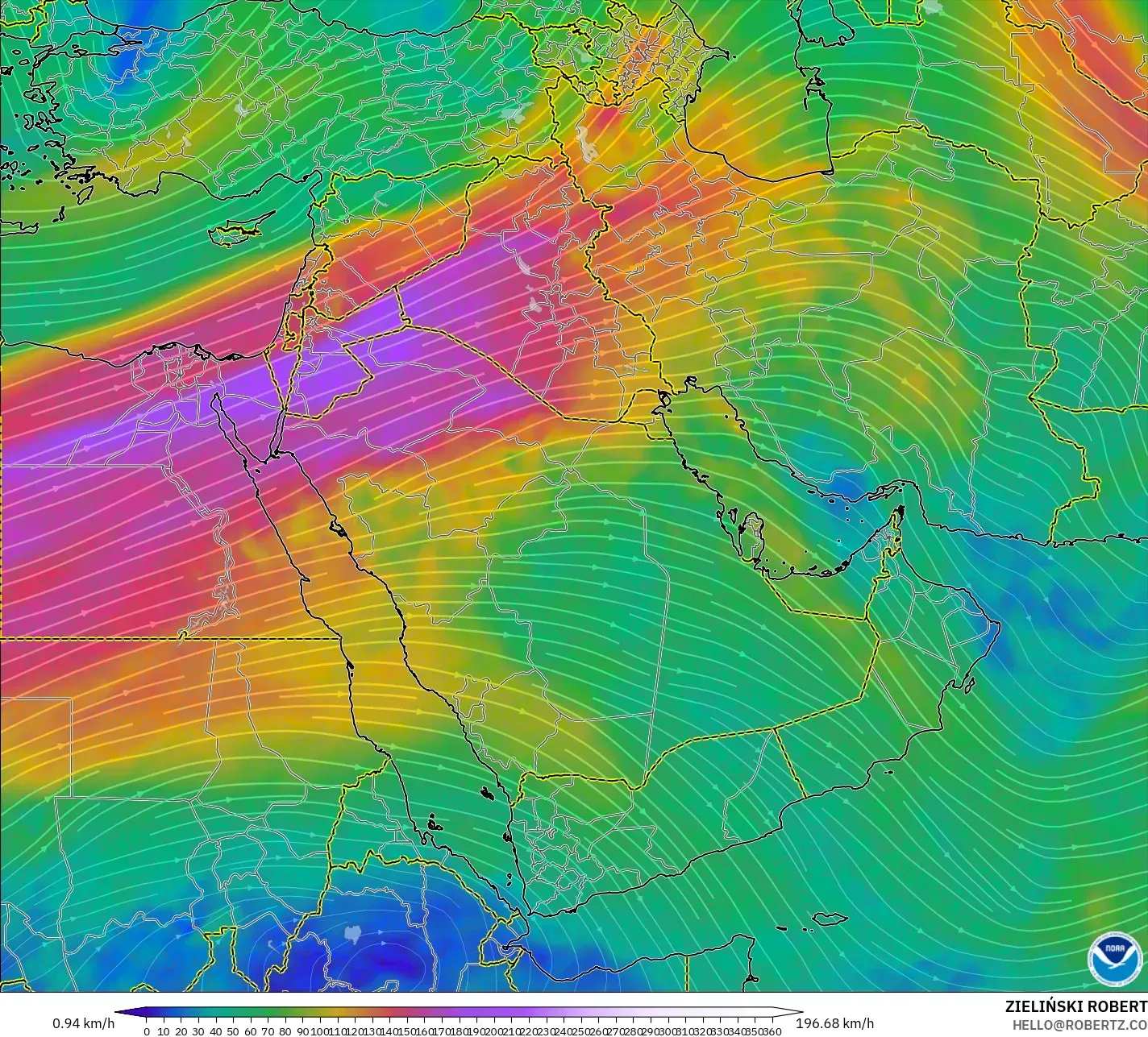 GFS modelo - Oriente Medio, Viento a 300 hPa (corriente en chorro)