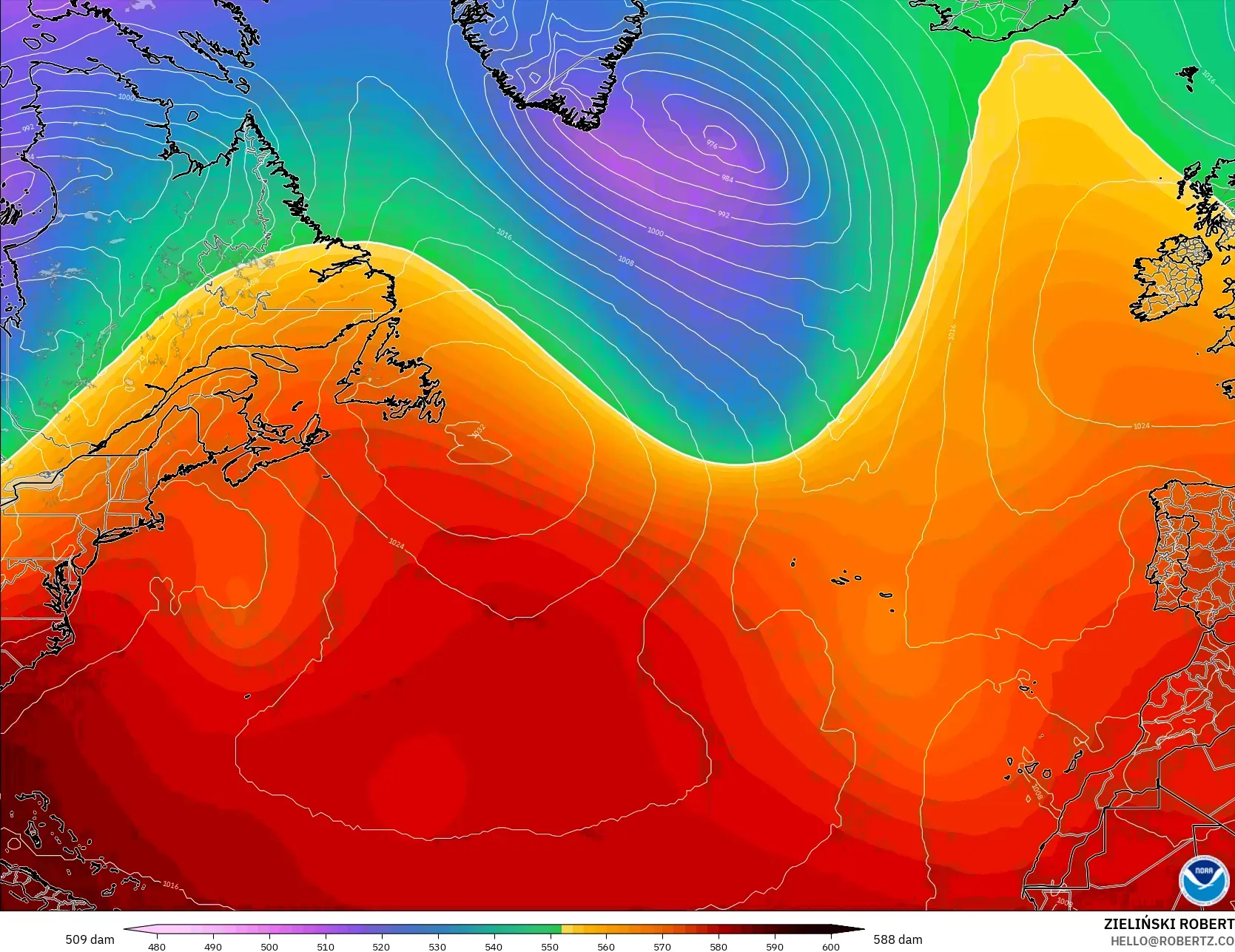 GFS modelo - Norte Atlántico, Altura geopotencial a 500 hPa