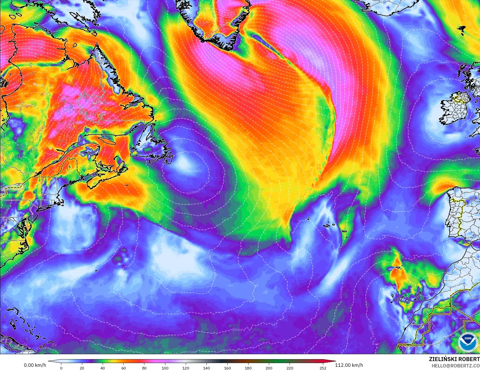 GFS modelo - Norte Atlántico, Ráfagas de Viento Máximas