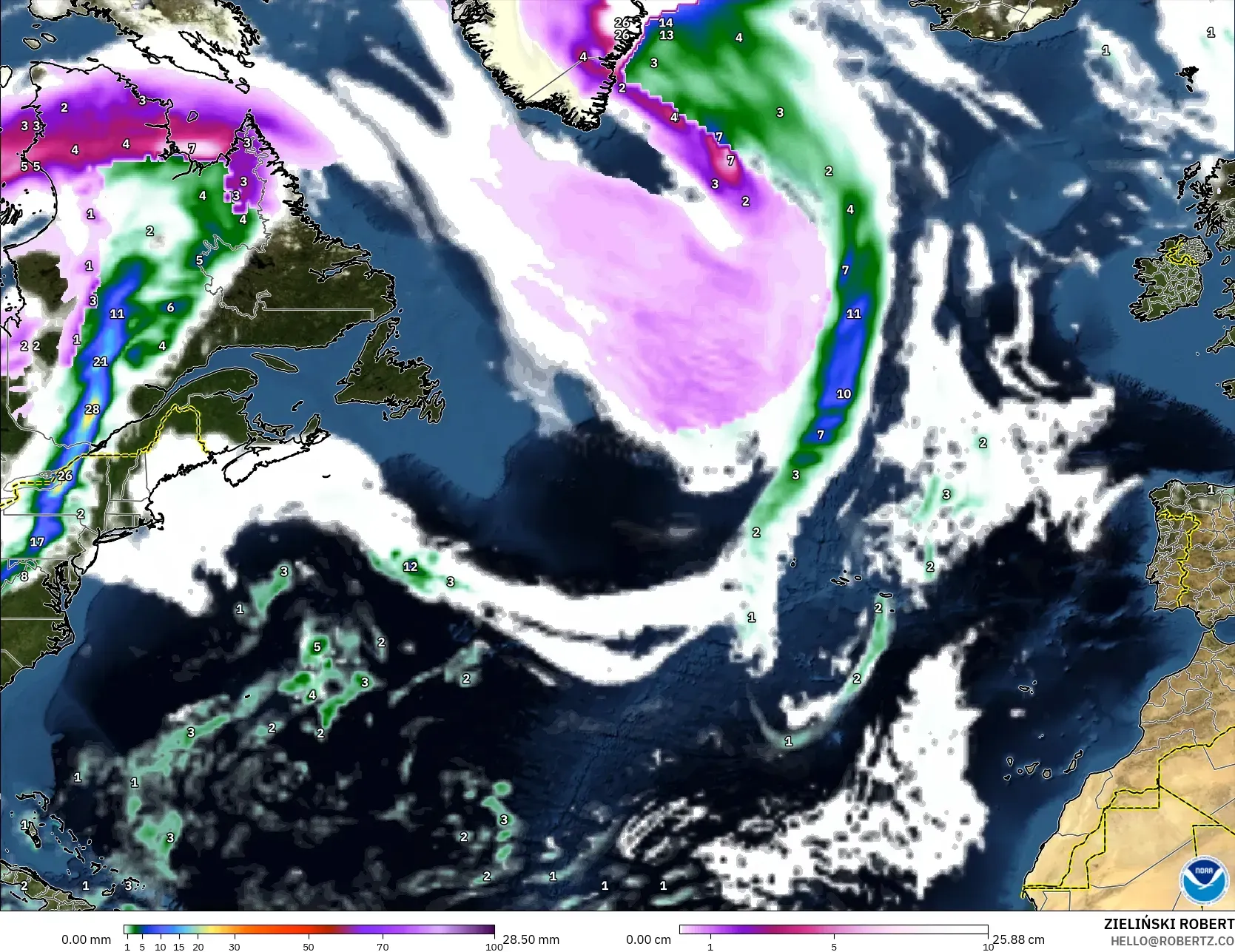 GFS modelo - Norte Atlántico, Precipitación, nubes y presión
