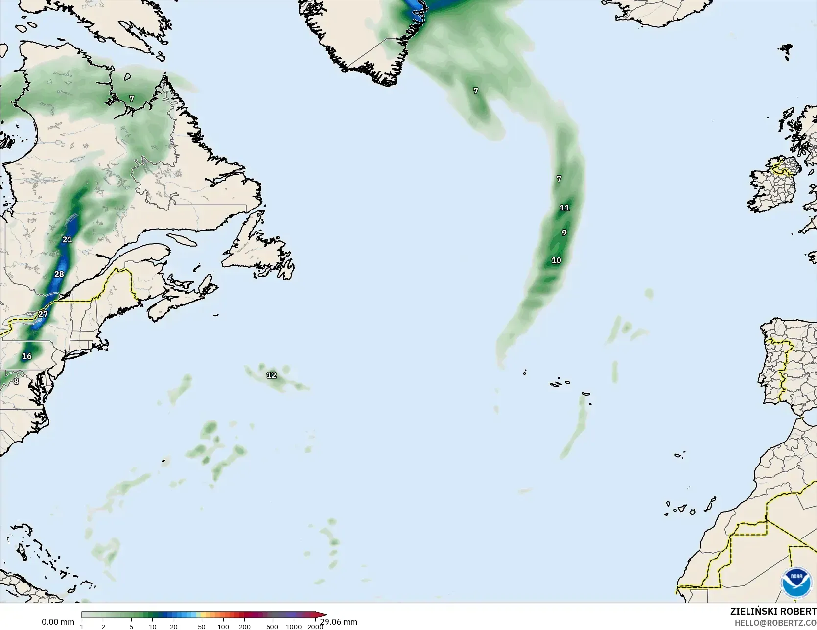 GFS modelo - Norte Atlántico, Acumulación de precipitación