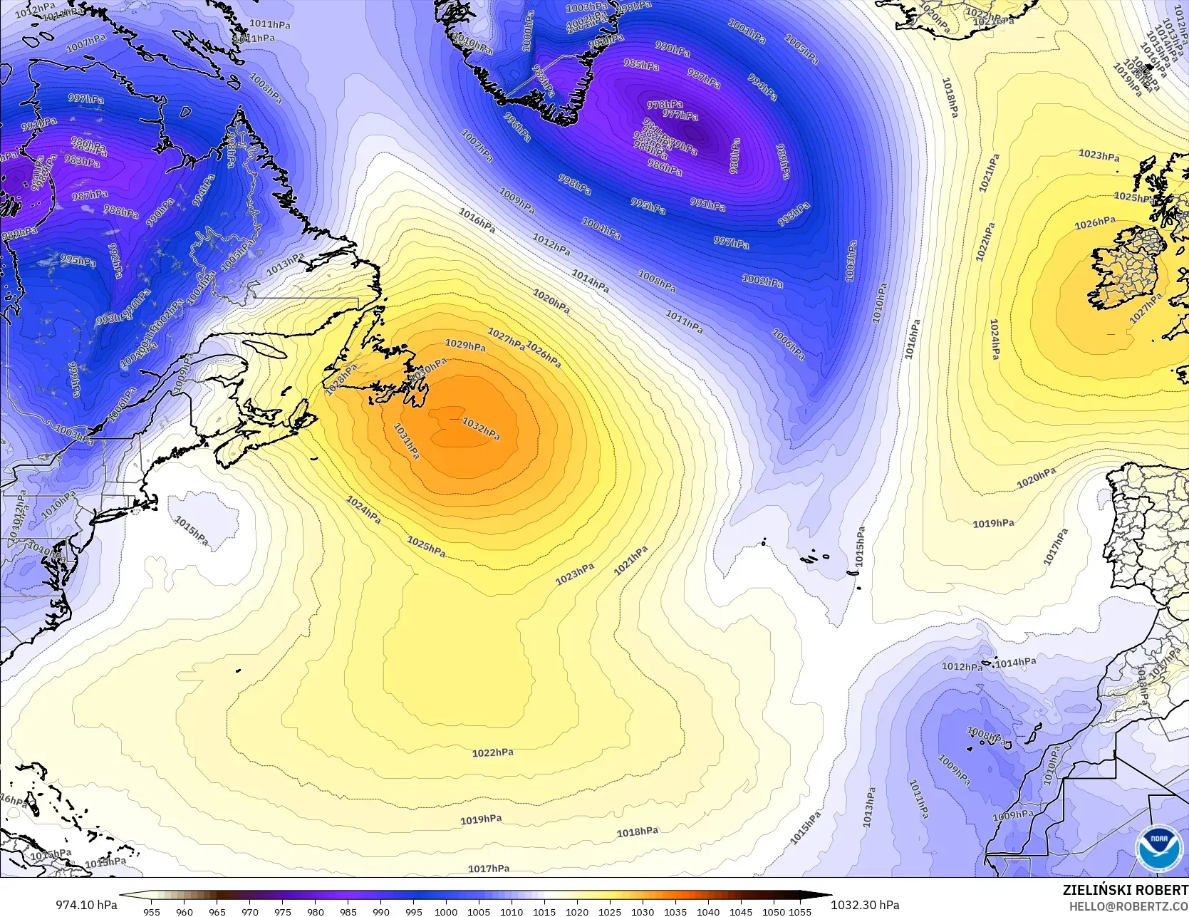 GFS modelo - Norte Atlántico, Presión