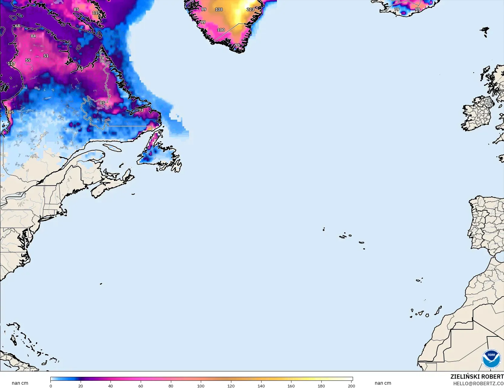 GFS modelo - Norte Atlántico, Profundidad de nieve