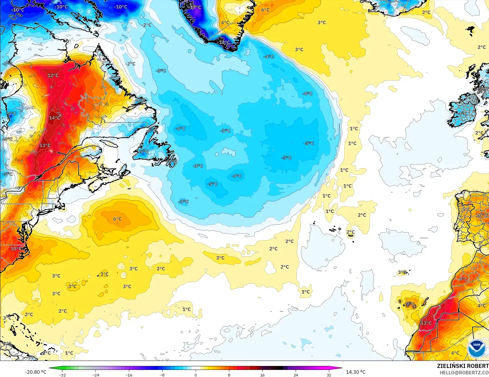 GFS modelo - Norte Atlántico, Anomalía de temperatura a 2 m
