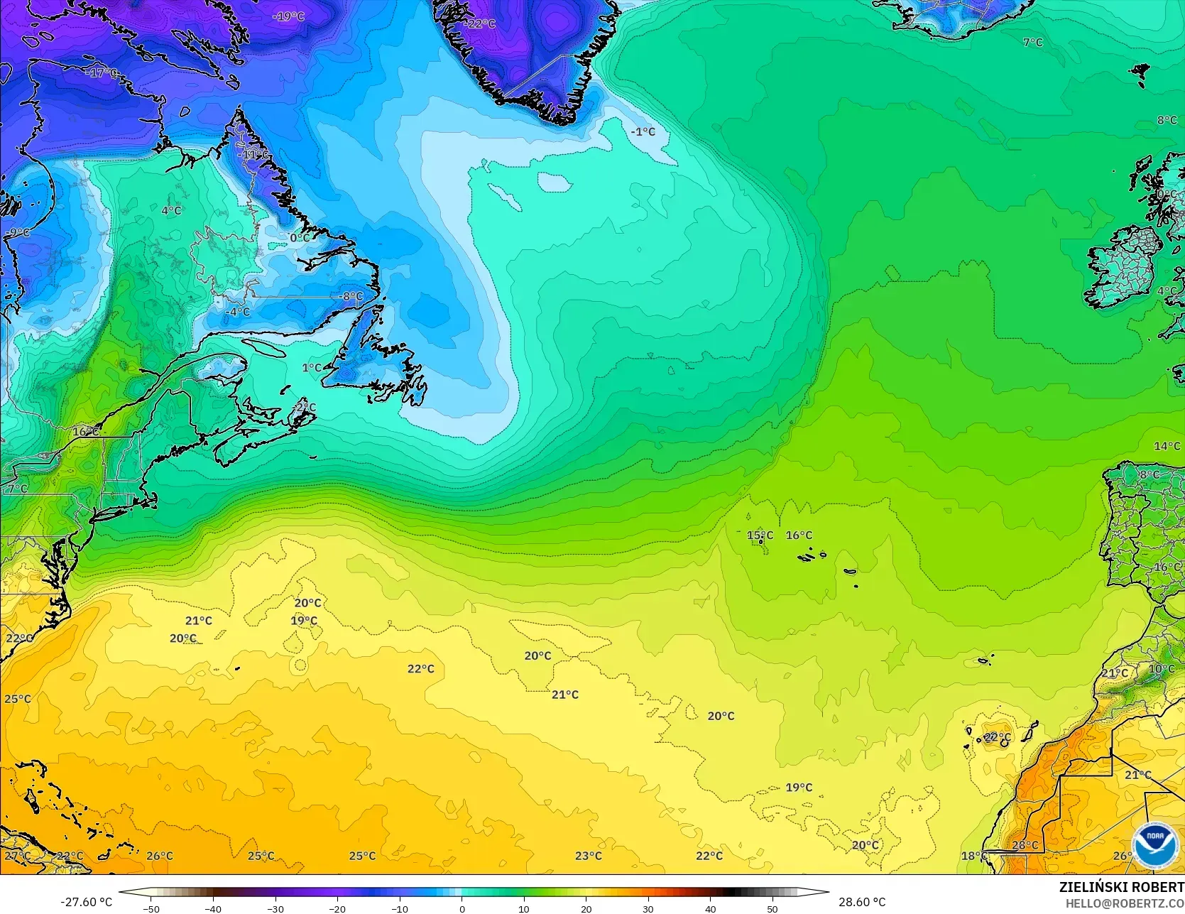 GFS modelo - Norte Atlántico, Temperatura a 2 m