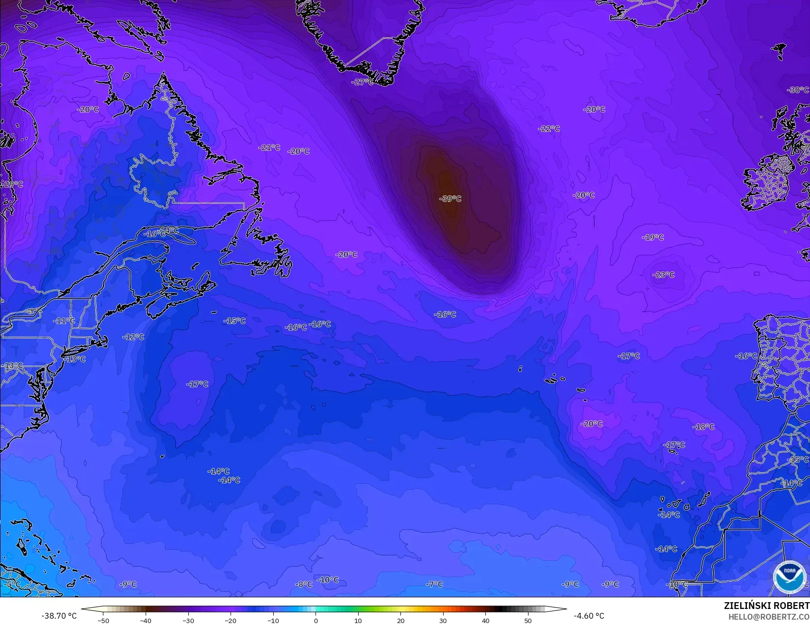 GFS modelo - Norte Atlántico, Temperatura a 500 hPa