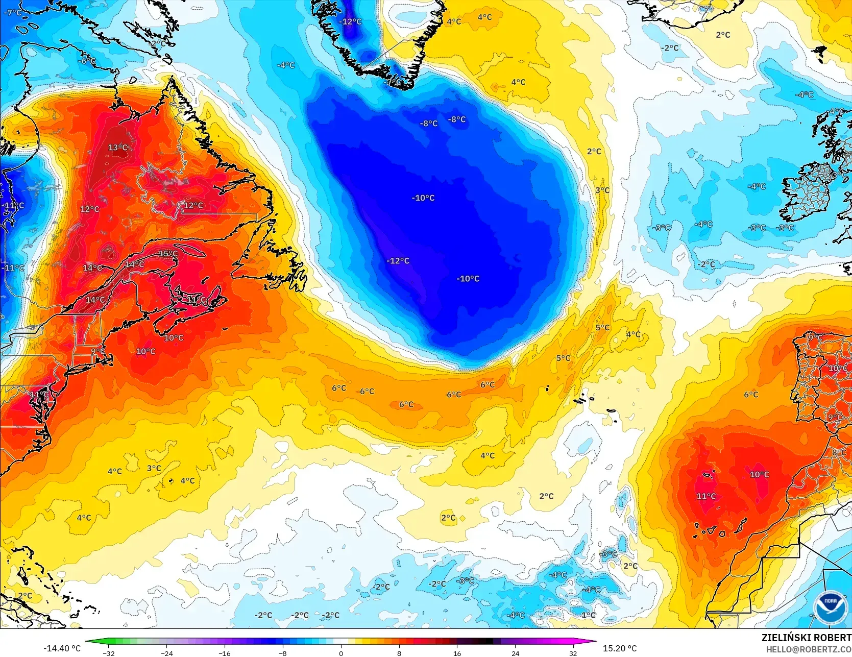 GFS modelo - Norte Atlántico, Anomalía de temperatura a 850 hPa