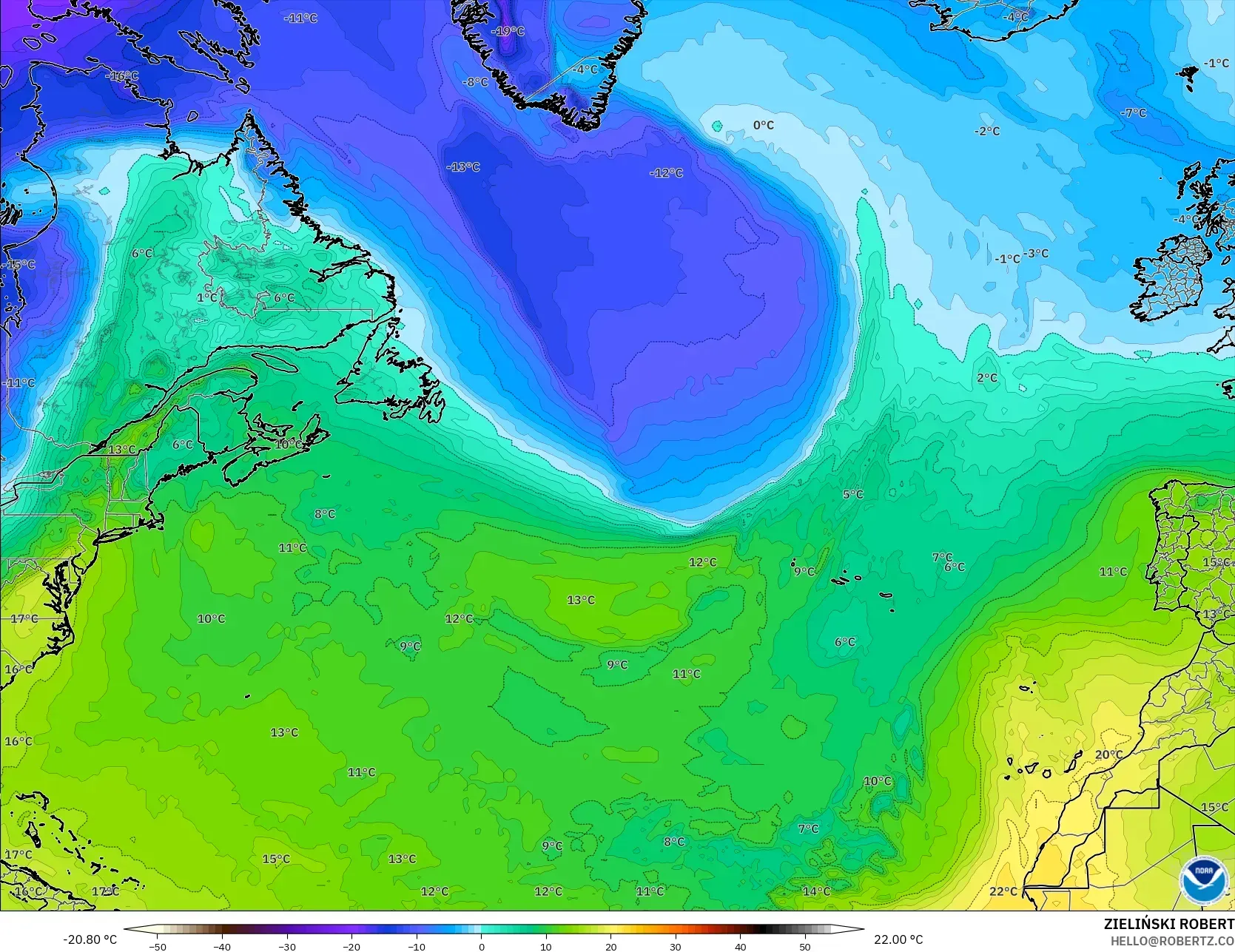 GFS modelo - Norte Atlántico, Temperatura a 850 hPa