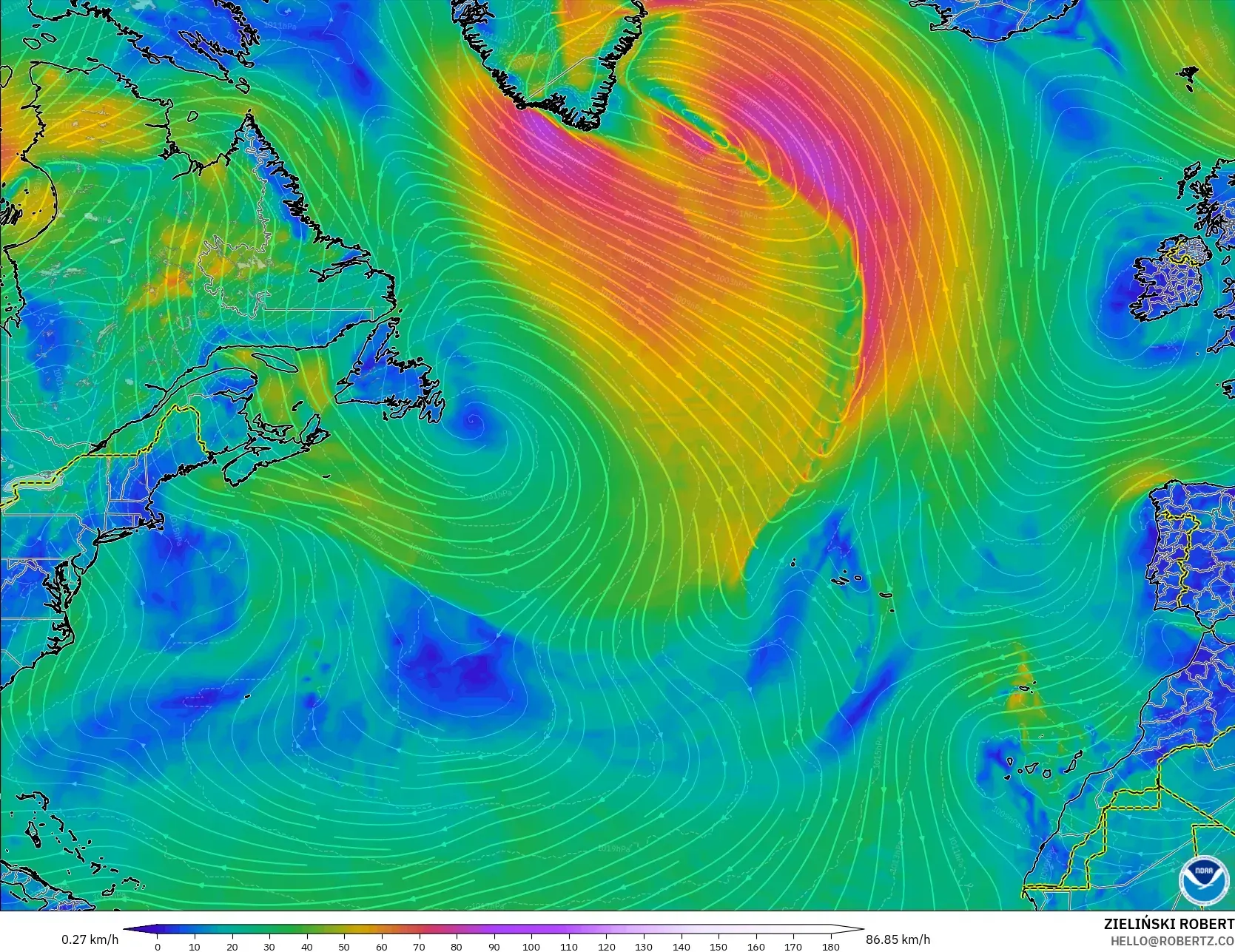GFS modelo - Norte Atlántico, Viento a 10 m