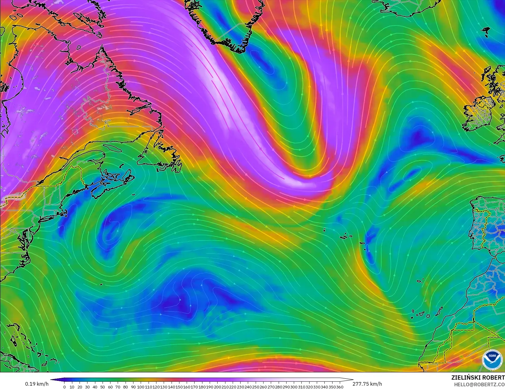 GFS modelo - Norte Atlántico, Viento a 300 hPa (corriente en chorro)