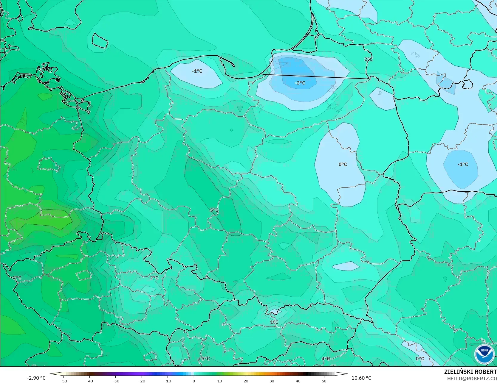 GFS modelo - Polonia, Punto de rocío a 2 m