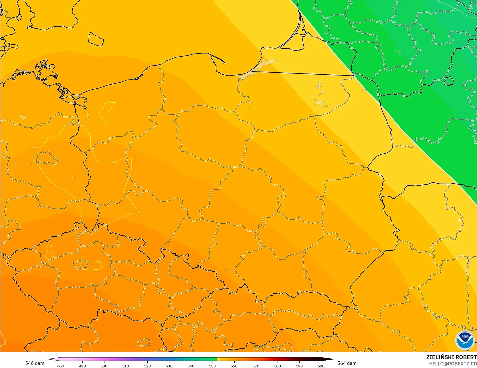 GFS modelo - Polonia, Altura geopotencial a 500 hPa