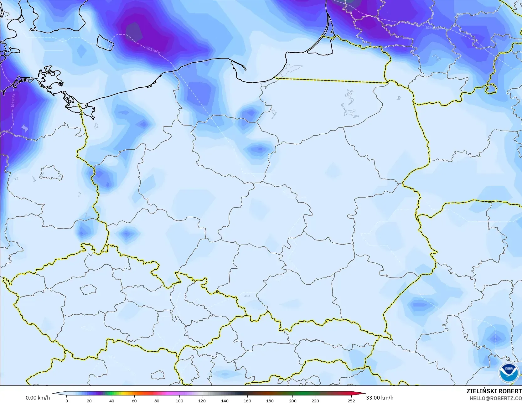 GFS modelo - Polonia, Ráfagas de viento