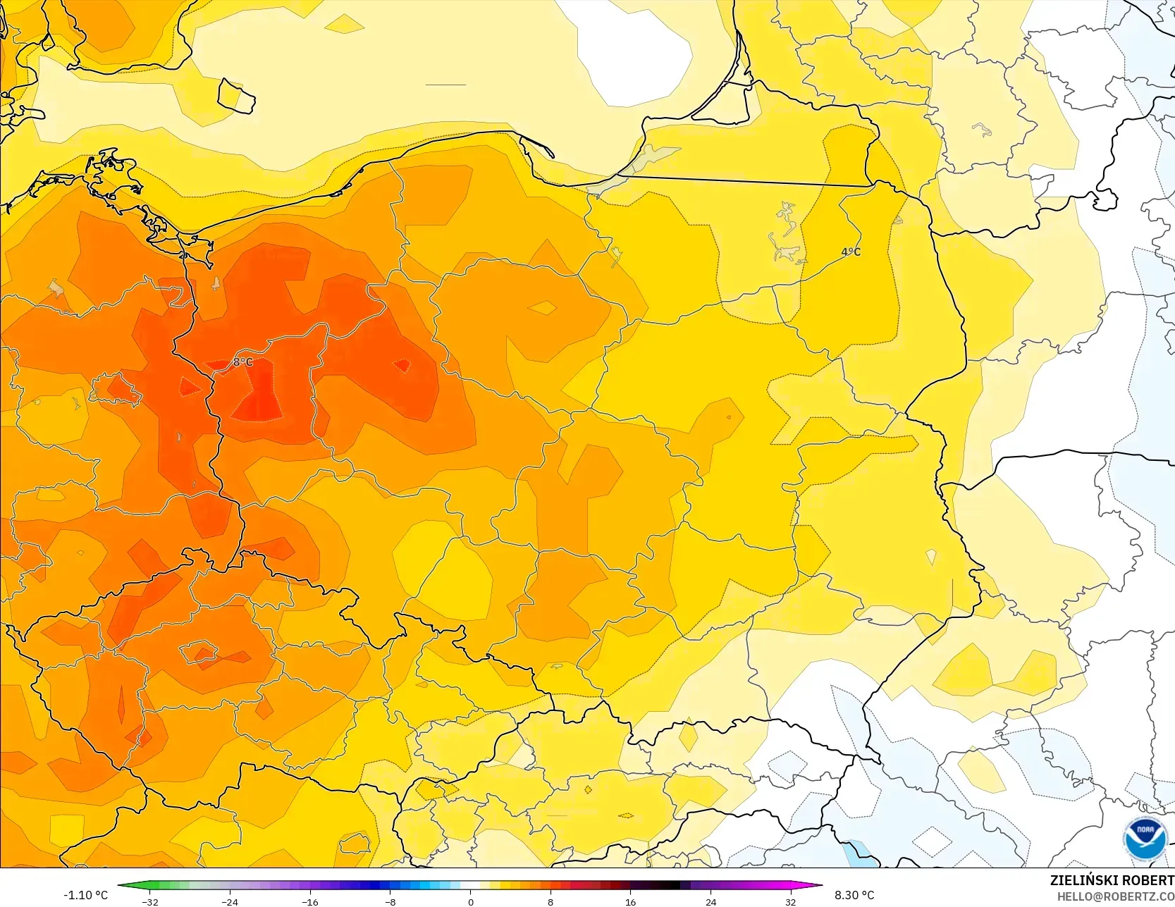 GFS modelo - Polonia, Anomalía de temperatura a 2 m