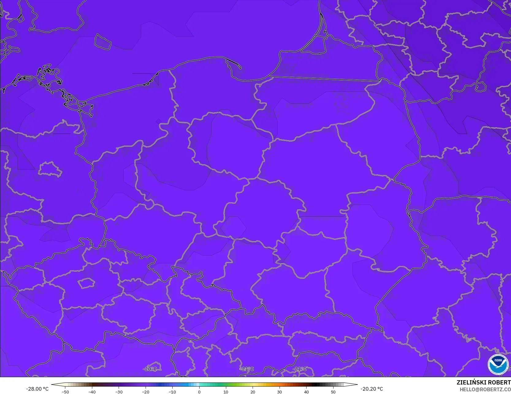 GFS modelo - Polonia, Temperatura a 500 hPa