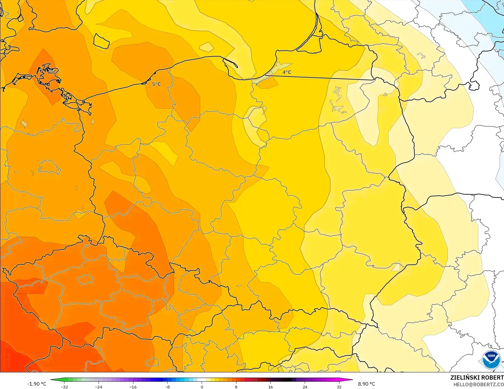 GFS modelo - Polonia, Anomalía de temperatura a 850 hPa