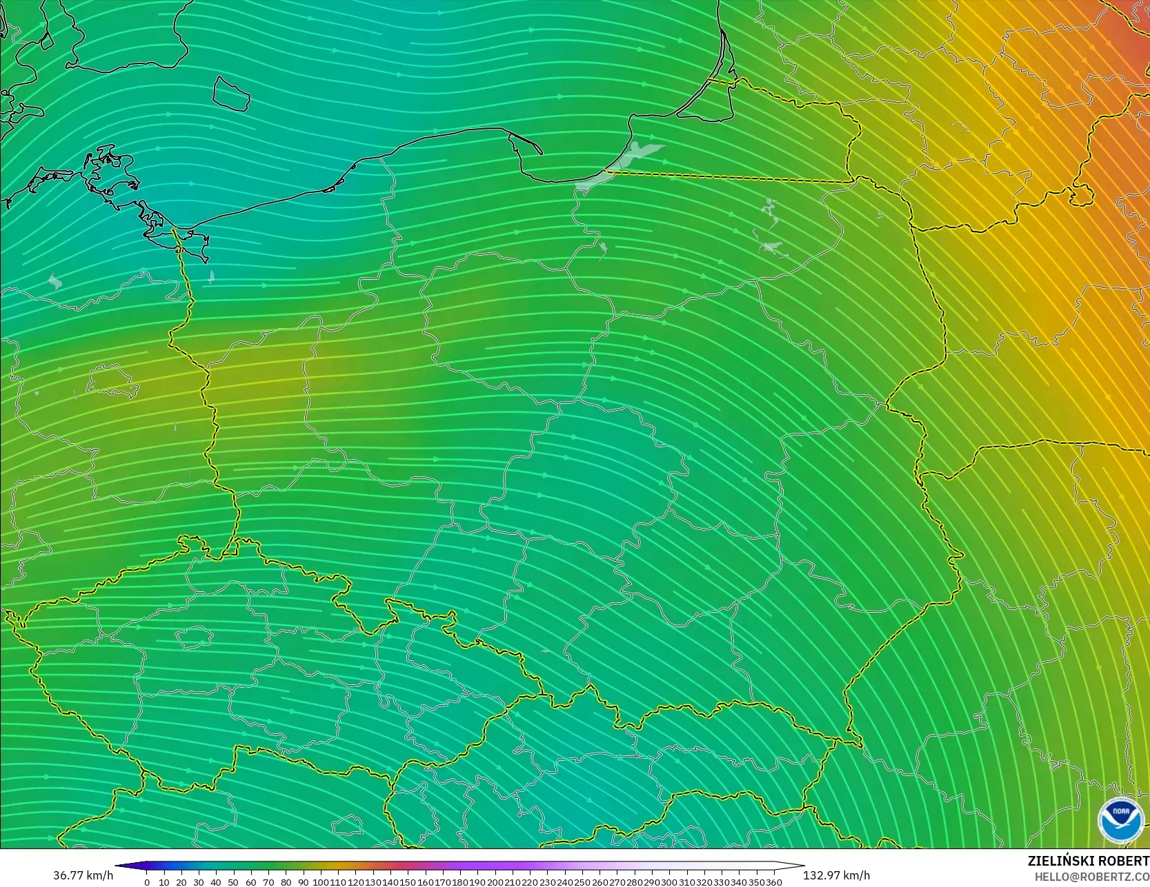 GFS modelo - Polonia, Viento a 300 hPa (corriente en chorro)