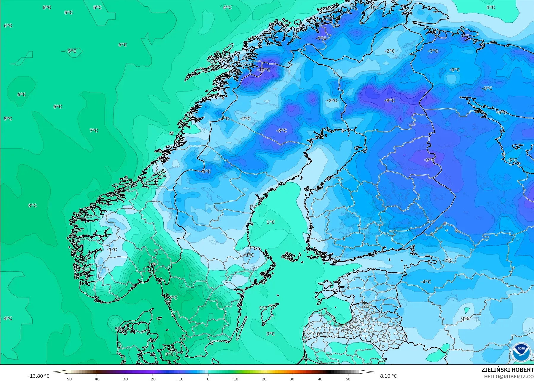 GFS modelo - Escandinavia, Punto de rocío a 2 m