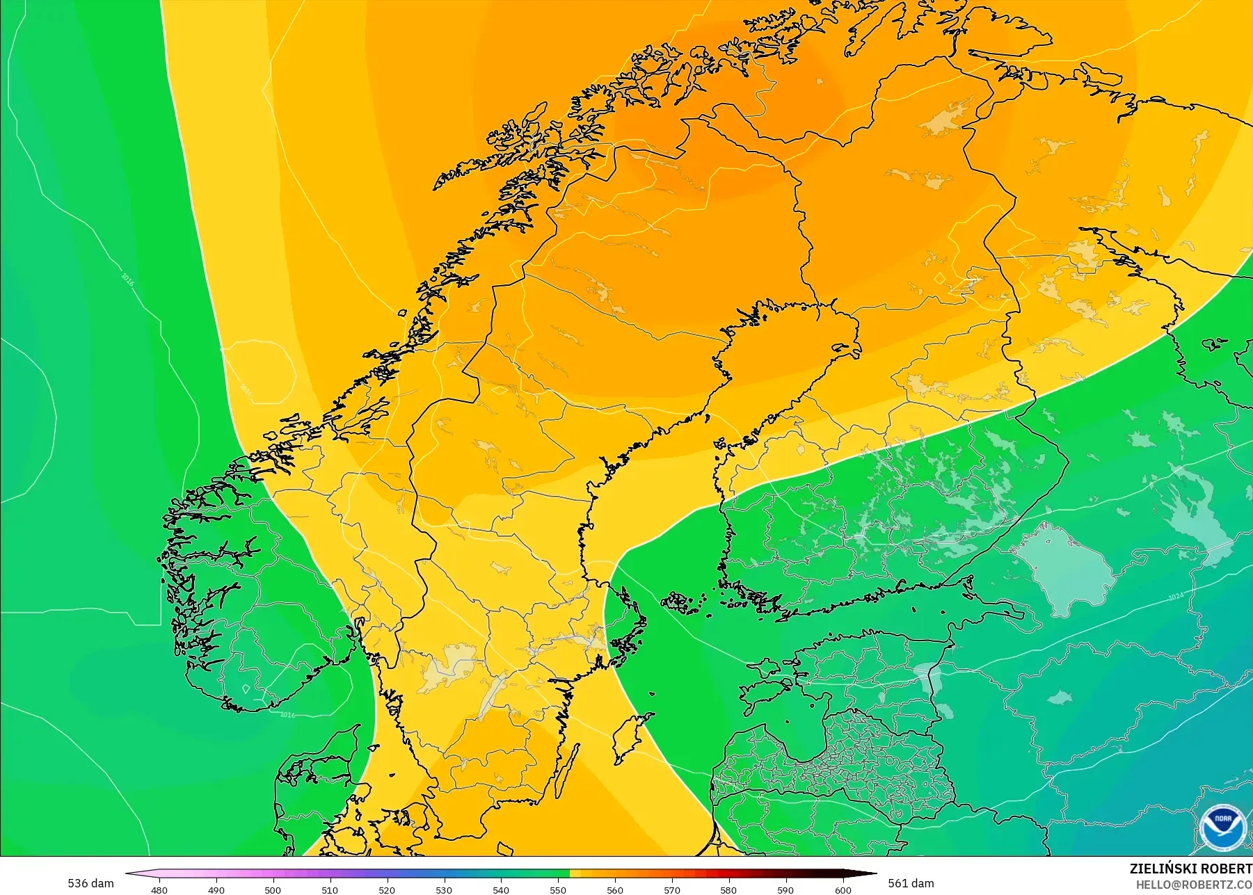 GFS modelo - Escandinavia, Altura geopotencial a 500 hPa