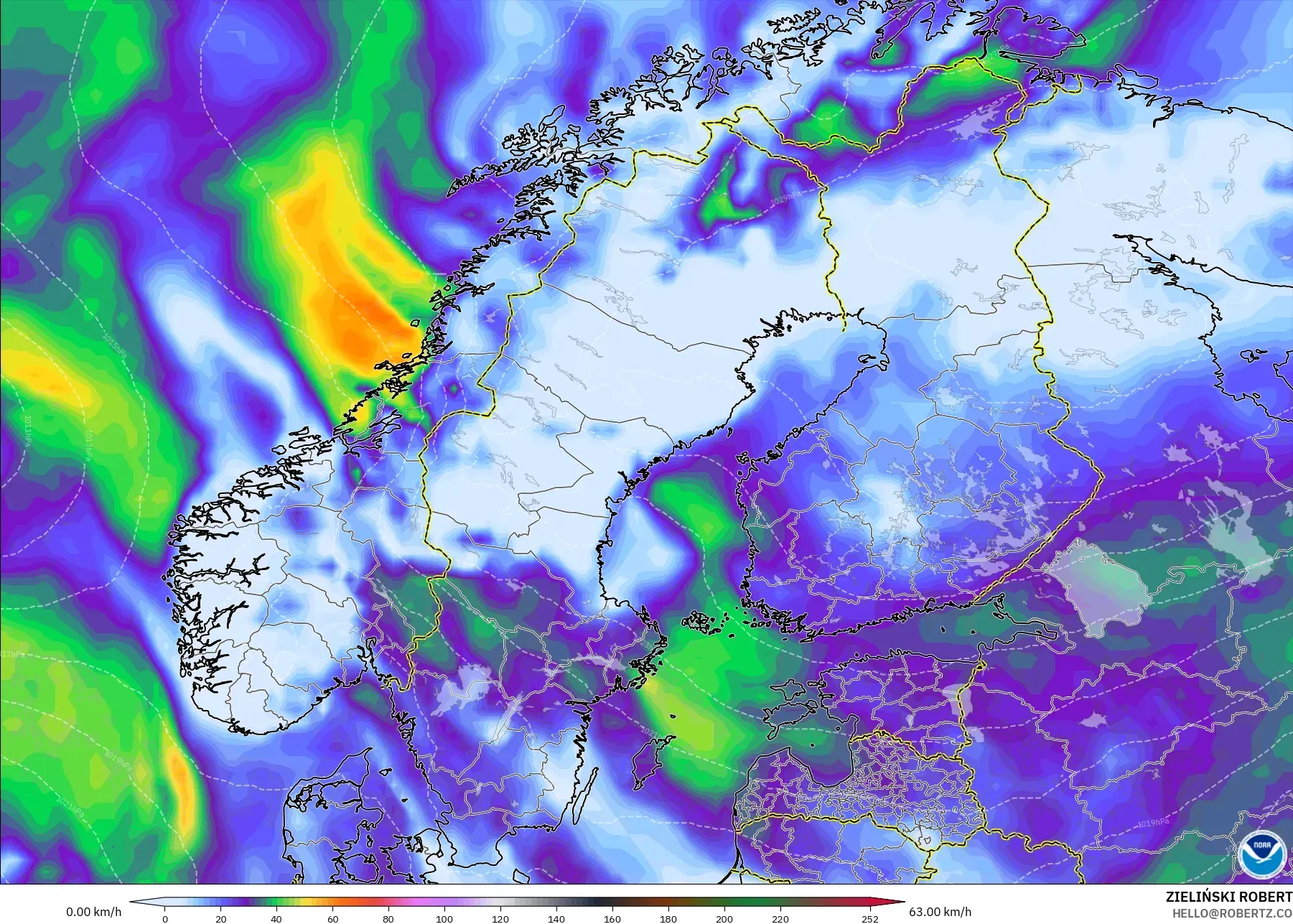 GFS modelo - Escandinavia, Ráfagas de Viento Máximas